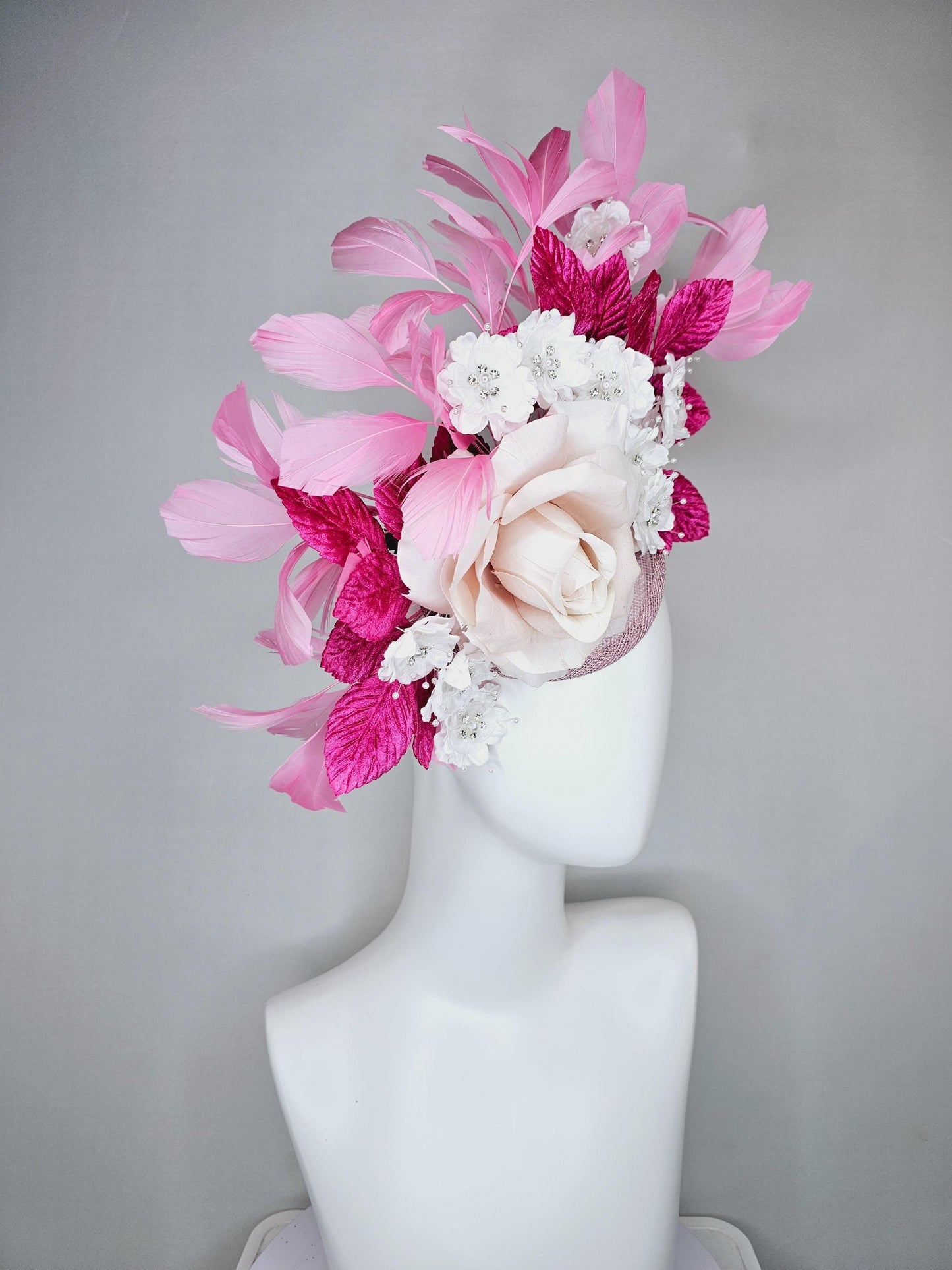 kentucky derby hat fascinator light pink sinamay with light pink silk rose flower,small white satin flowers,pink leaves,baby pink feathers