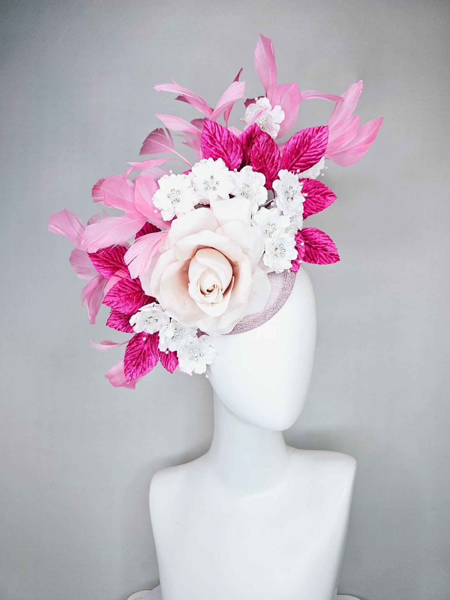 kentucky derby hat fascinator light pink sinamay with light pink silk rose flower,small white satin flowers,pink leaves,baby pink feathers