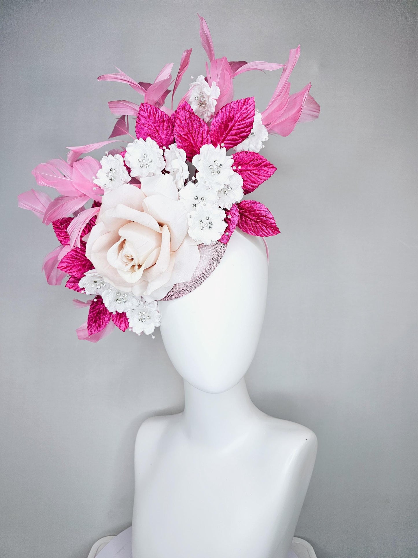 kentucky derby hat fascinator light pink sinamay with light pink silk rose flower,small white satin flowers,pink leaves,baby pink feathers