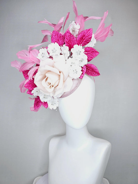 kentucky derby hat fascinator light pink sinamay with light pink silk rose flower,small white satin flowers,pink leaves,baby pink feathers