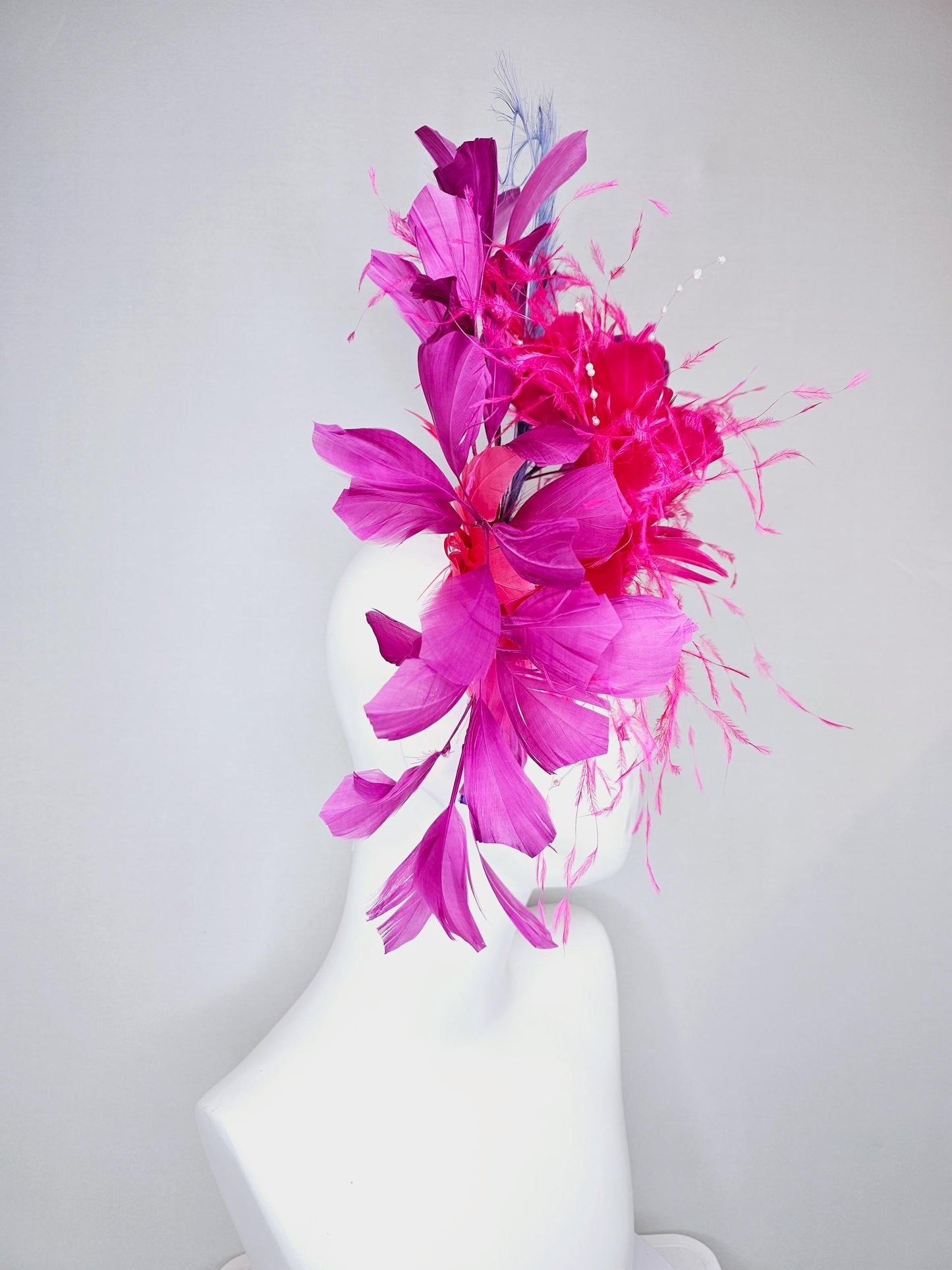 kentucky derby hat fascinator pink fuchsia fluffy feather flowers with pearl decor, pink magenta feathers, light purple lavender feathers