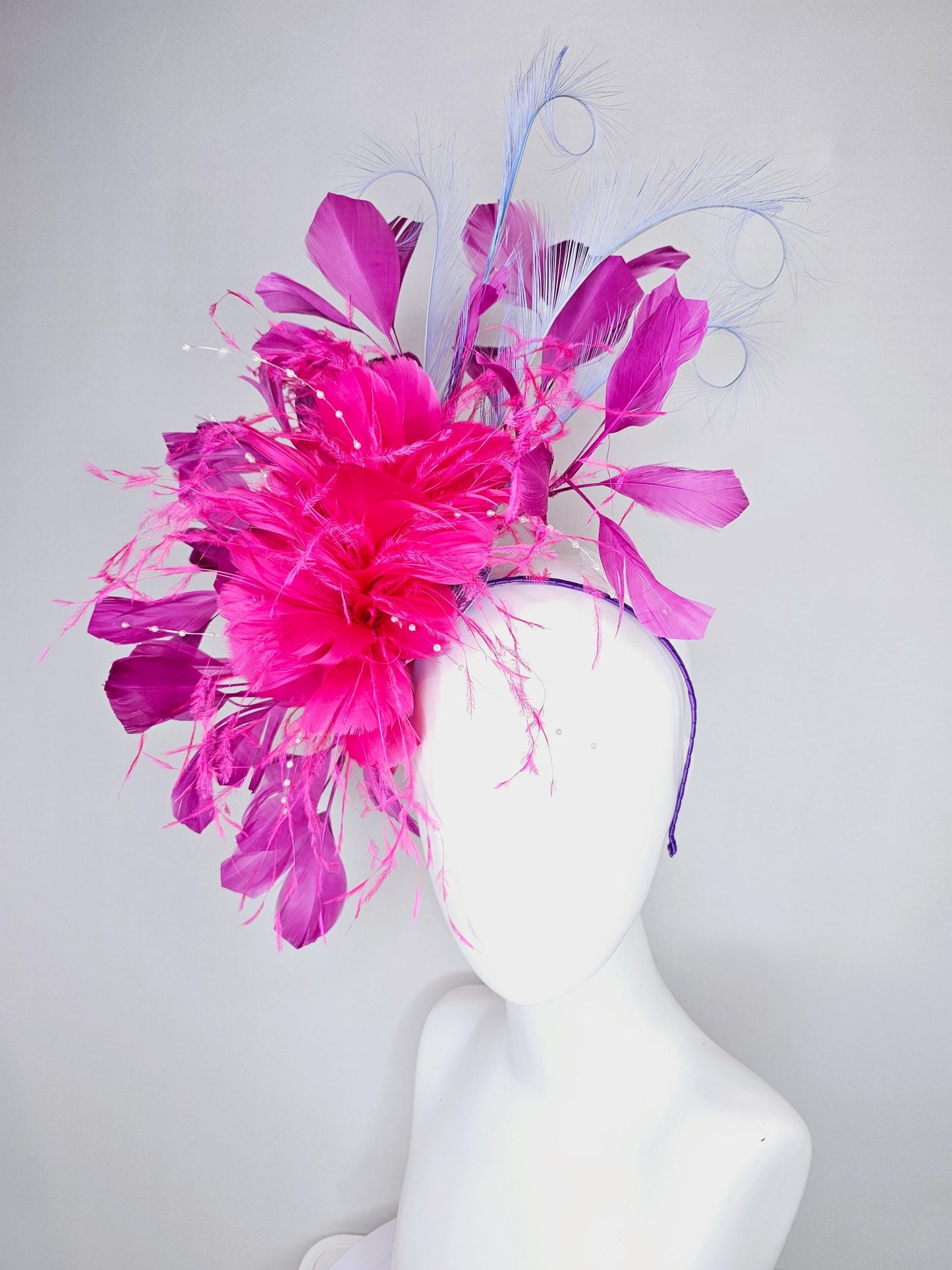 kentucky derby hat fascinator pink fuchsia fluffy feather flowers with pearl decor, pink magenta feathers, light purple lavender feathers