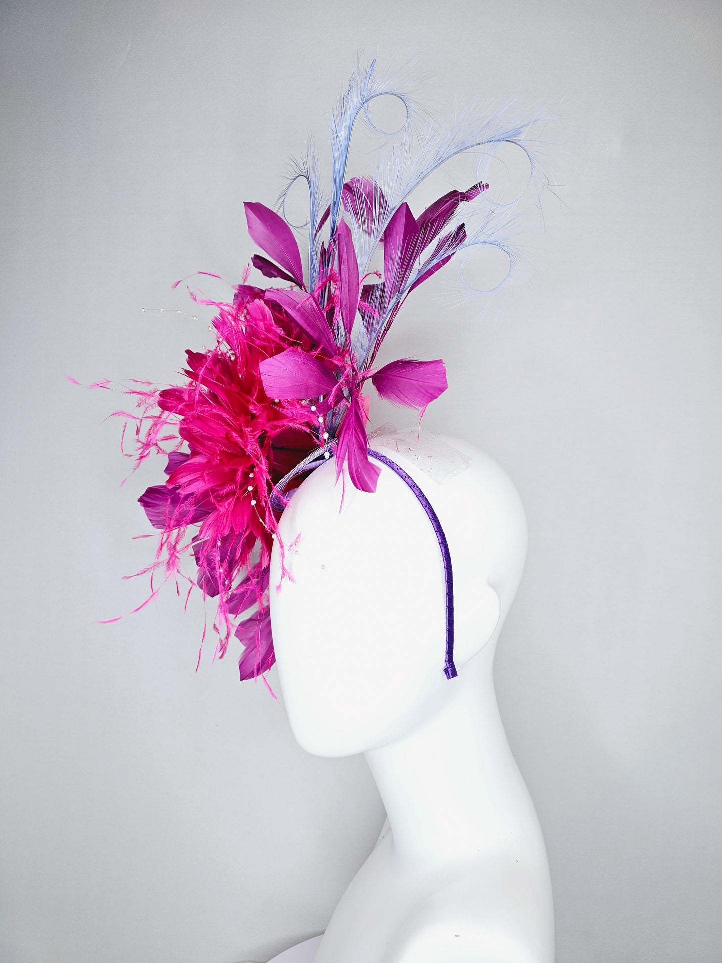 kentucky derby hat fascinator pink fuchsia fluffy feather flowers with pearl decor, pink magenta feathers, light purple lavender feathers