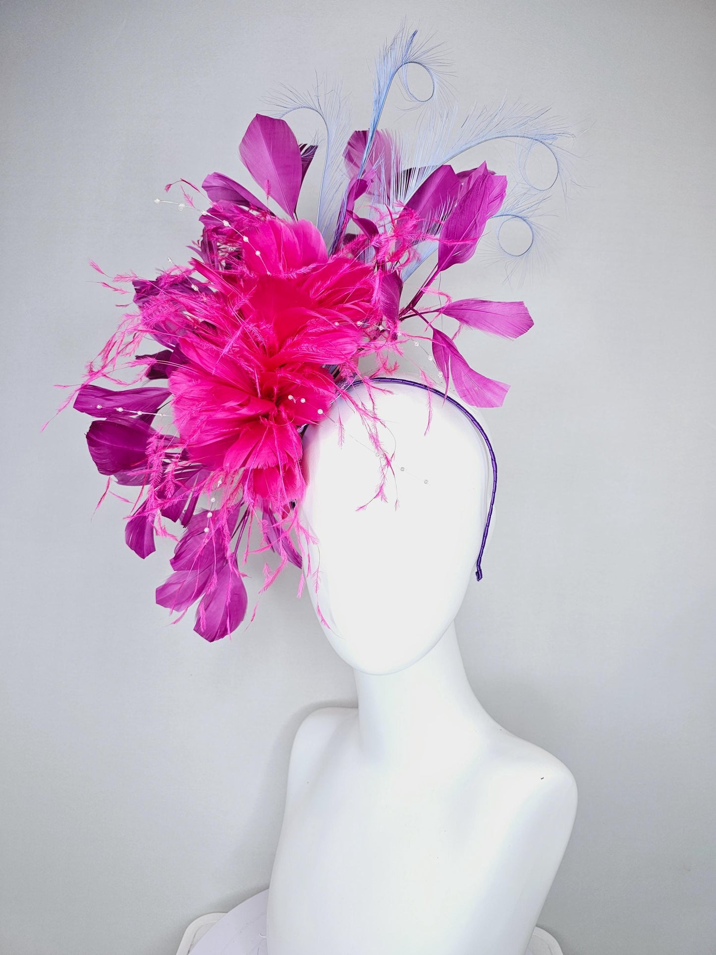 kentucky derby hat fascinator pink fuchsia fluffy feather flowers with pearl decor, pink magenta feathers, light purple lavender feathers