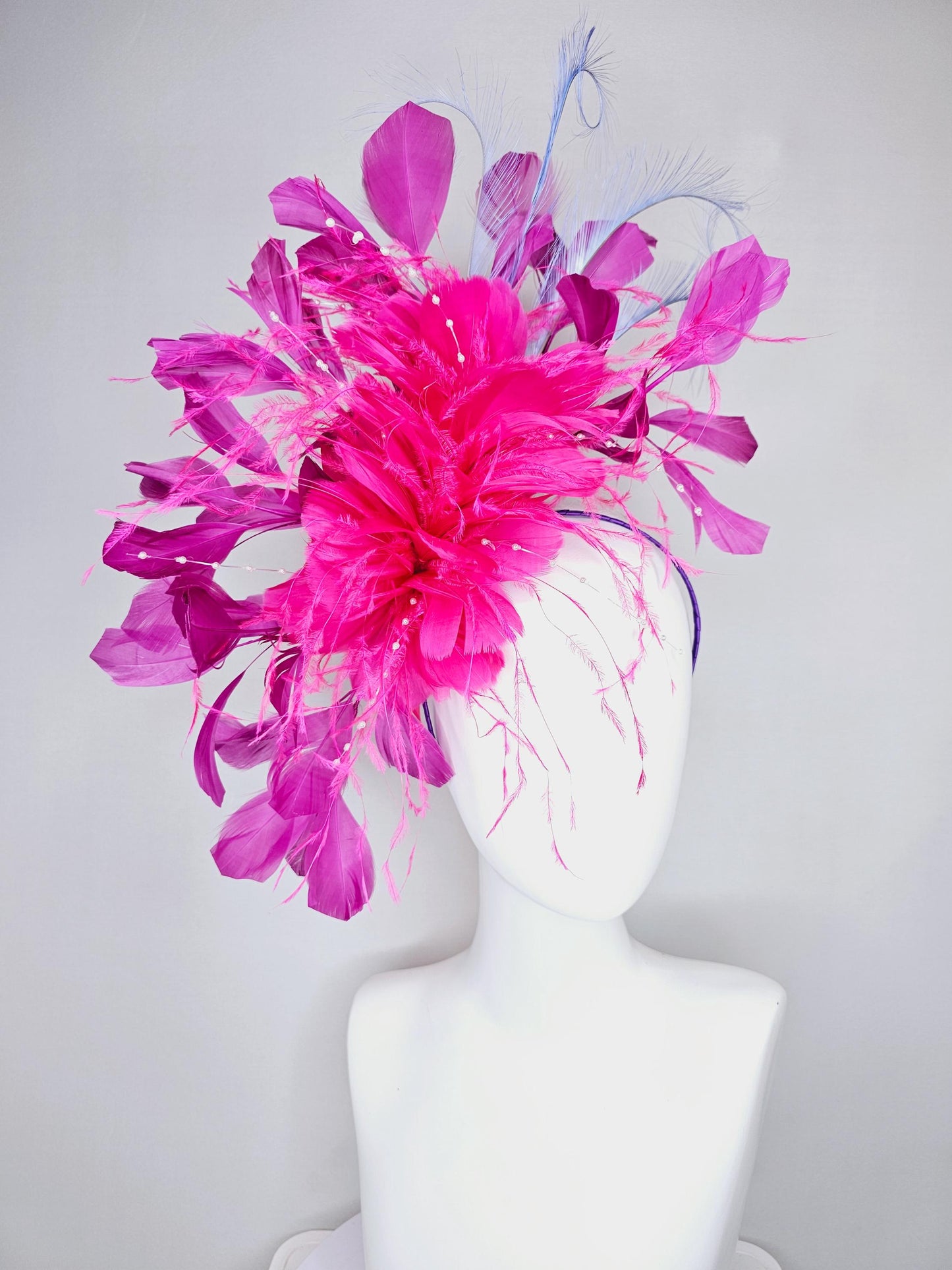 kentucky derby hat fascinator pink fuchsia fluffy feather flowers with pearl decor, pink magenta feathers, light purple lavender feathers