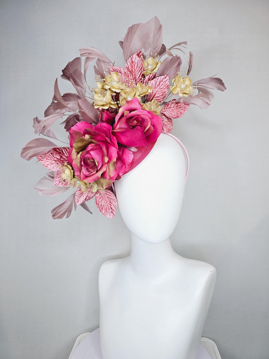 kentucky derby hat fascinator pink sinamay,pink gold silk rose flowers,small gold flowers with gold pearls,dusty pink leaves,taupe feathers