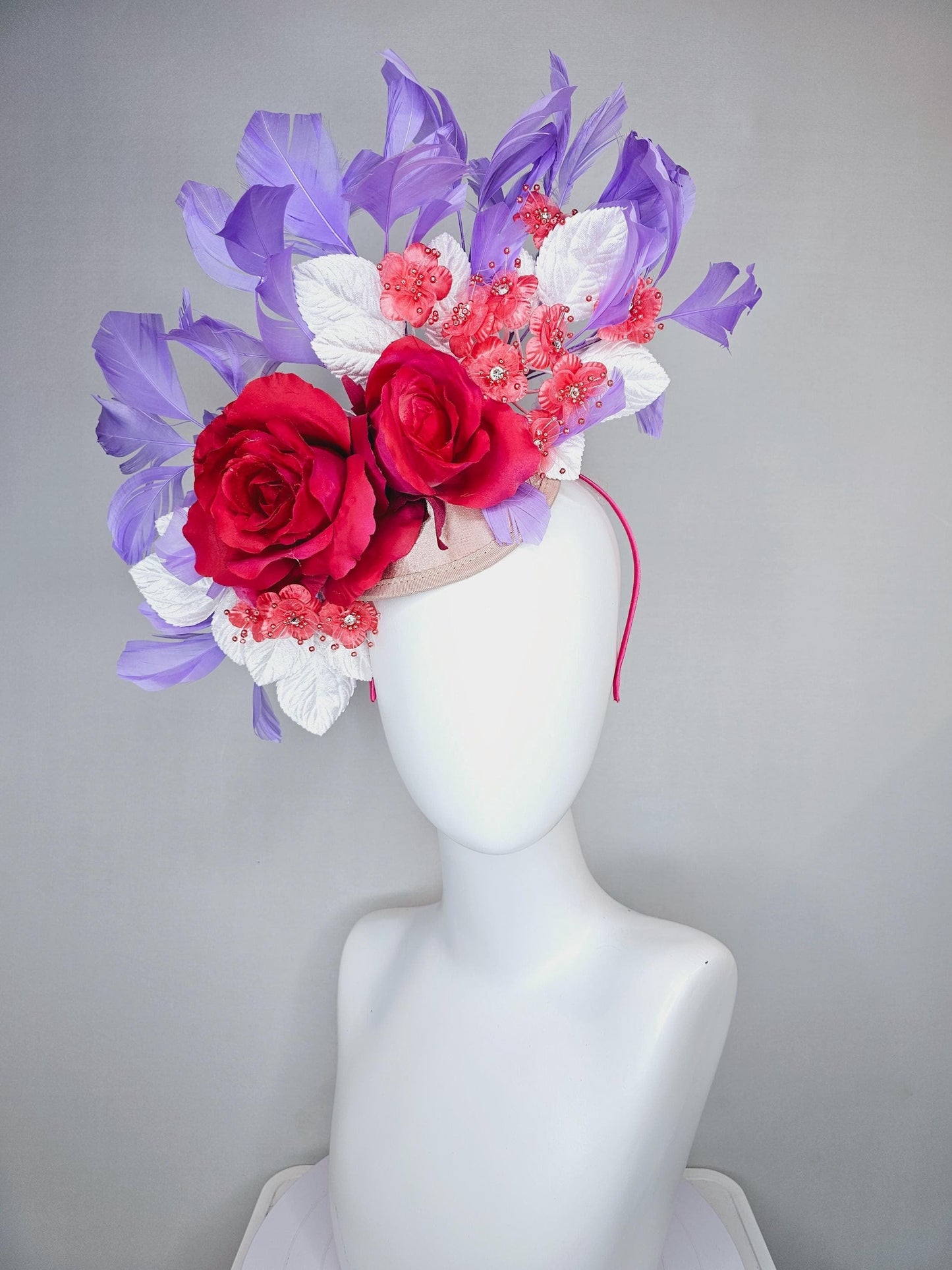 kentucky derby hat fascinator champagne satin,red satin rose flowers,small red coral flowers,white leaves,light purple lavender feathers