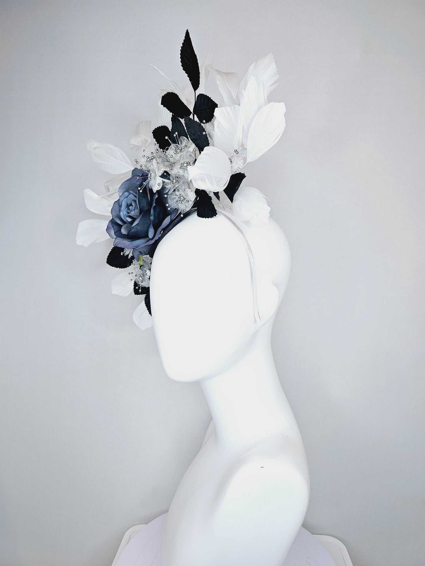 kentucky derby hat fascinator navy blue sinamay,ombre navy blue satin rose flower,small white silver flowers,navy blue leaves,white feathers