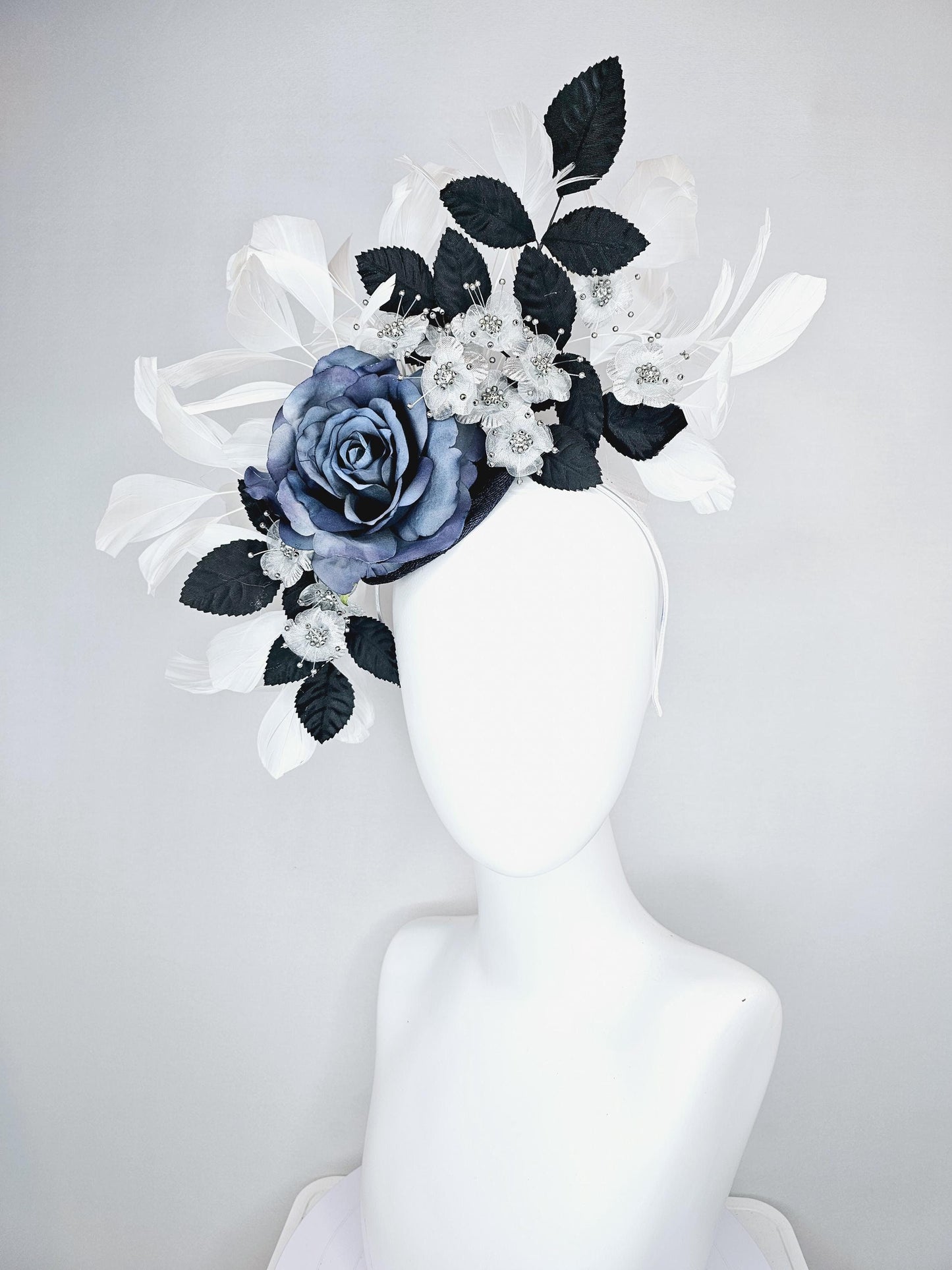 kentucky derby hat fascinator navy blue sinamay,ombre navy blue satin rose flower,small white silver flowers,navy blue leaves,white feathers