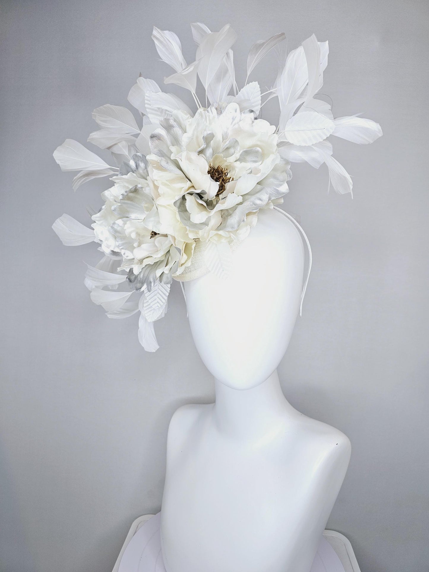 kentucky derby hat fascinator ivory cream sinamay, ivory cream silver satin silk flowers,white leaves, white feathers, thin headband