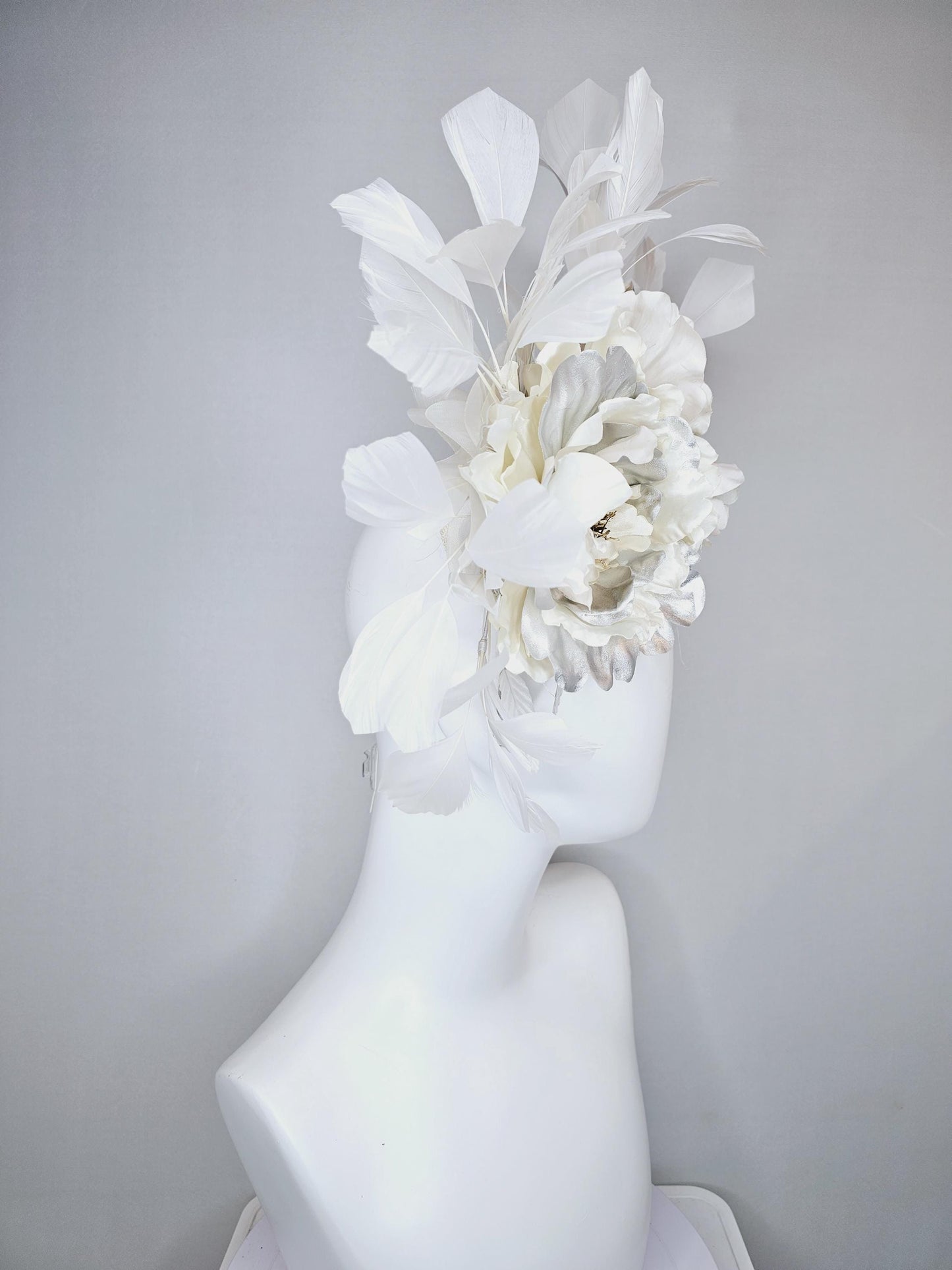 kentucky derby hat fascinator ivory cream sinamay, ivory cream silver satin silk flowers,white leaves, white feathers, thin headband