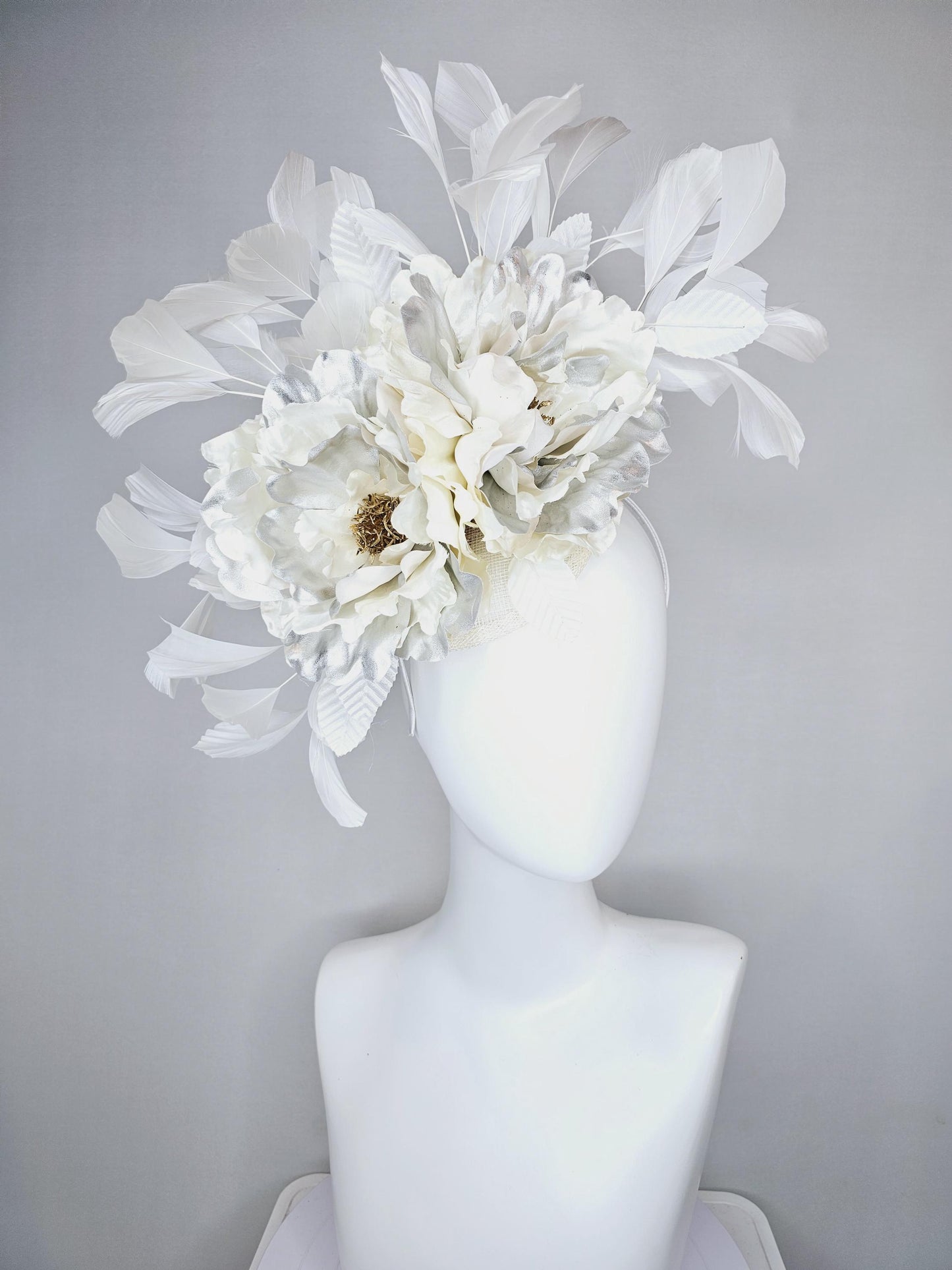 kentucky derby hat fascinator ivory cream sinamay, ivory cream silver satin silk flowers,white leaves, white feathers, thin headband