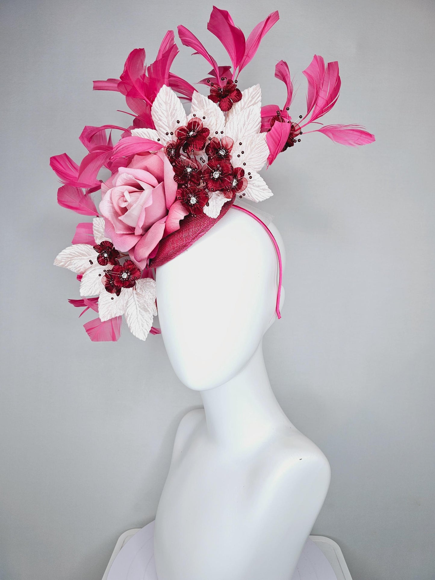 kentucky derby hat fascinator pink sinamay,ombre pink satin rose flower,small red wine flowers with crystal core,white leaves,pink feathers