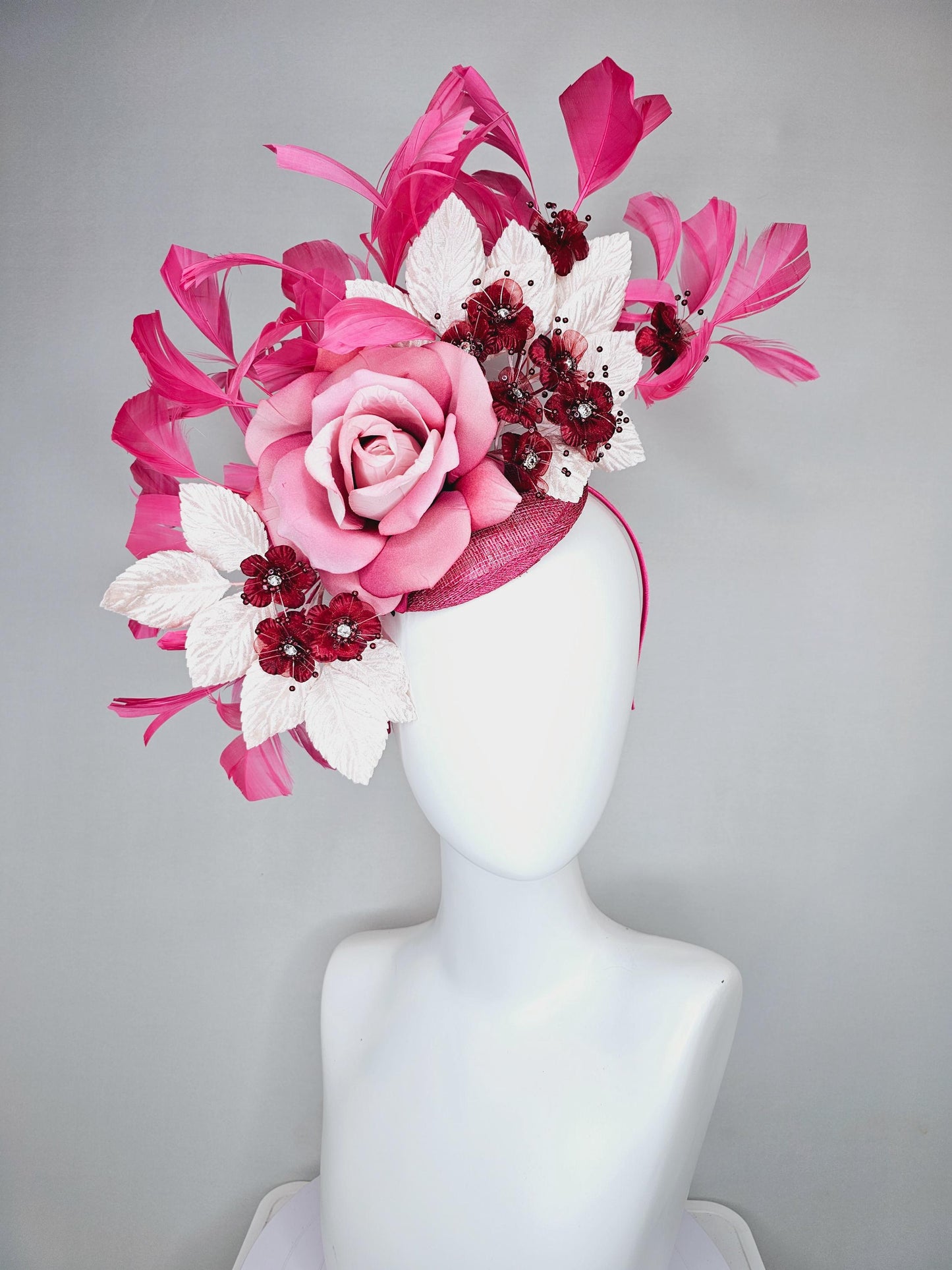 kentucky derby hat fascinator pink sinamay,ombre pink satin rose flower,small red wine flowers with crystal core,white leaves,pink feathers