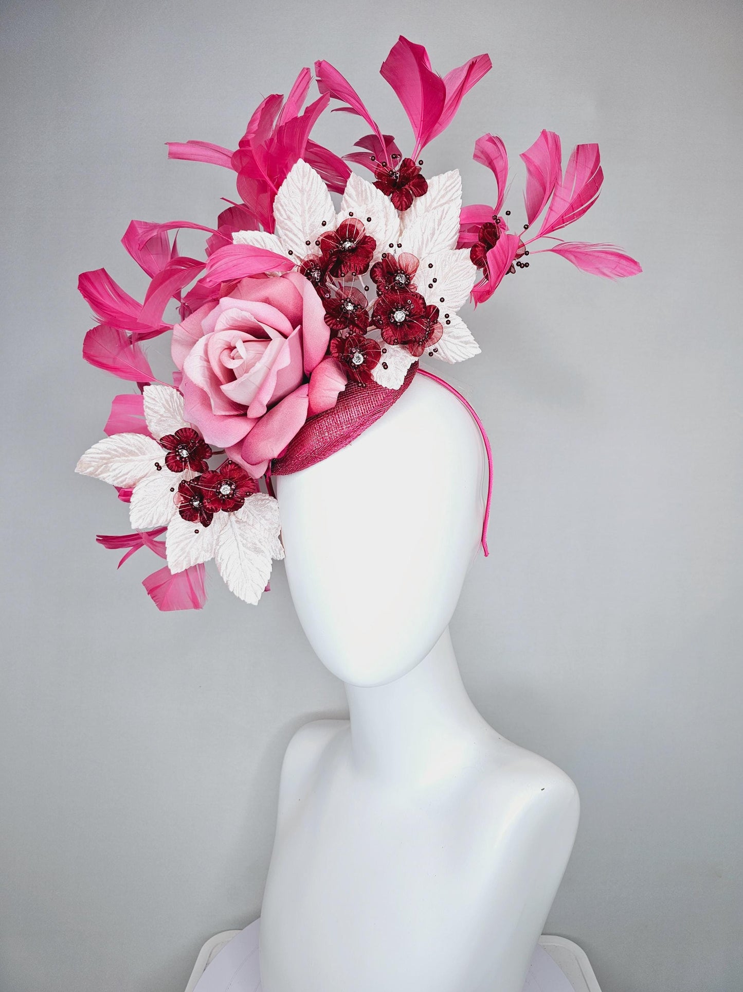 kentucky derby hat fascinator pink sinamay,ombre pink satin rose flower,small red wine flowers with crystal core,white leaves,pink feathers