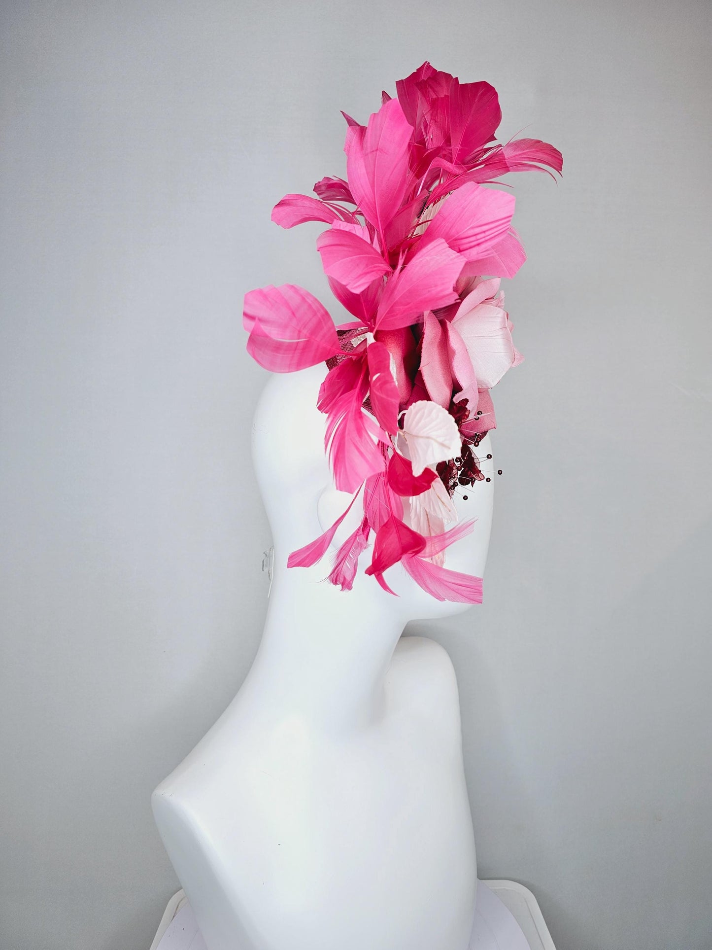 kentucky derby hat fascinator pink sinamay,ombre pink satin rose flower,small red wine flowers with crystal core,white leaves,pink feathers