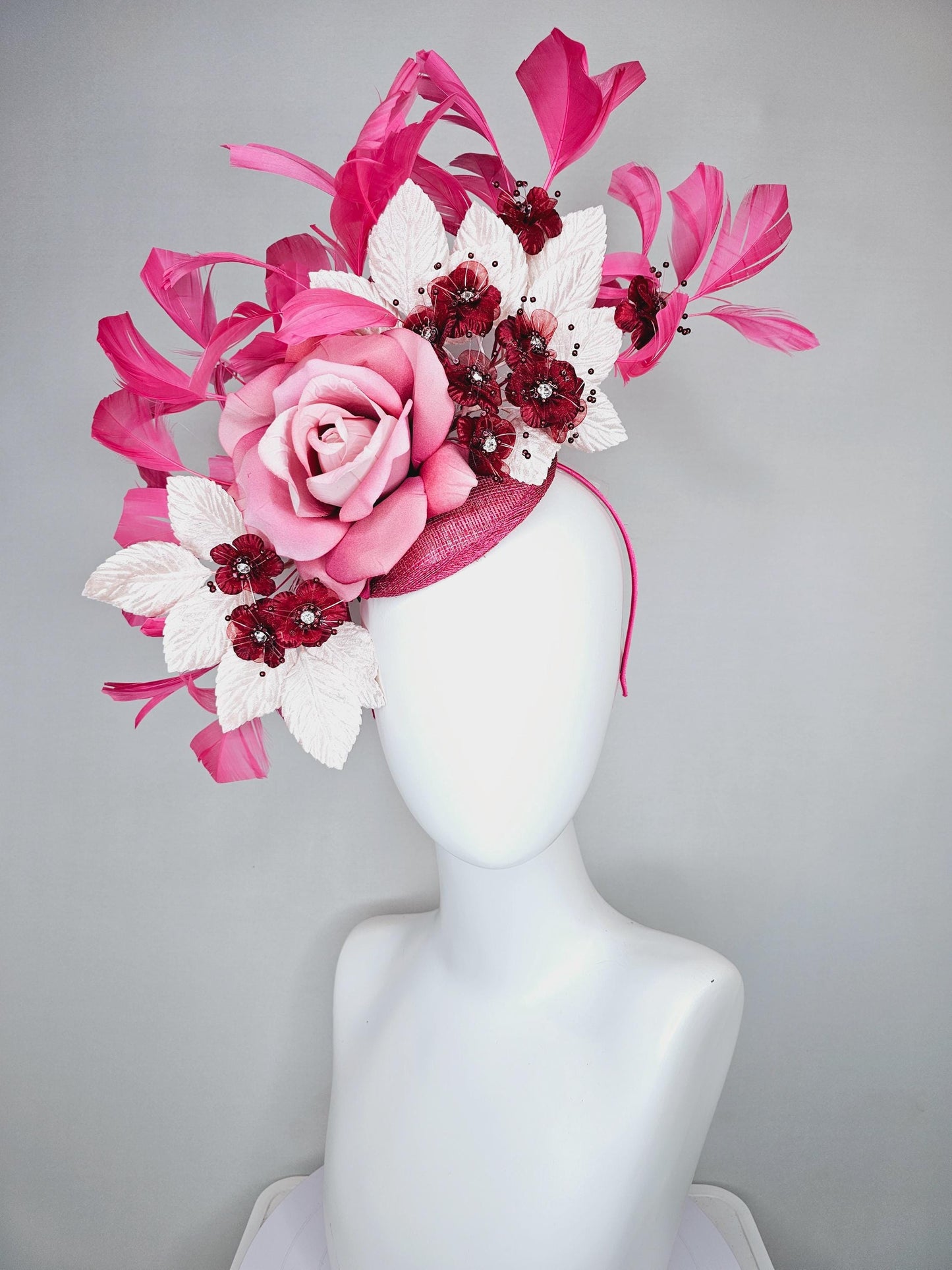 kentucky derby hat fascinator pink sinamay,ombre pink satin rose flower,small red wine flowers with crystal core,white leaves,pink feathers