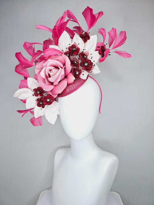 kentucky derby hat fascinator pink sinamay,ombre pink satin rose flower,small red wine flowers with crystal core,white leaves,pink feathers