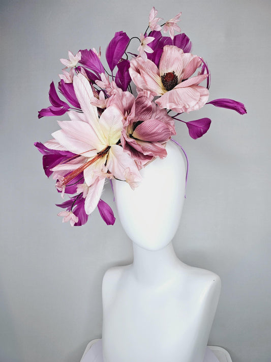 kentucky derby hat fascinator beige satin, rose gold light pink satin silk flowers with purple magenta feathers