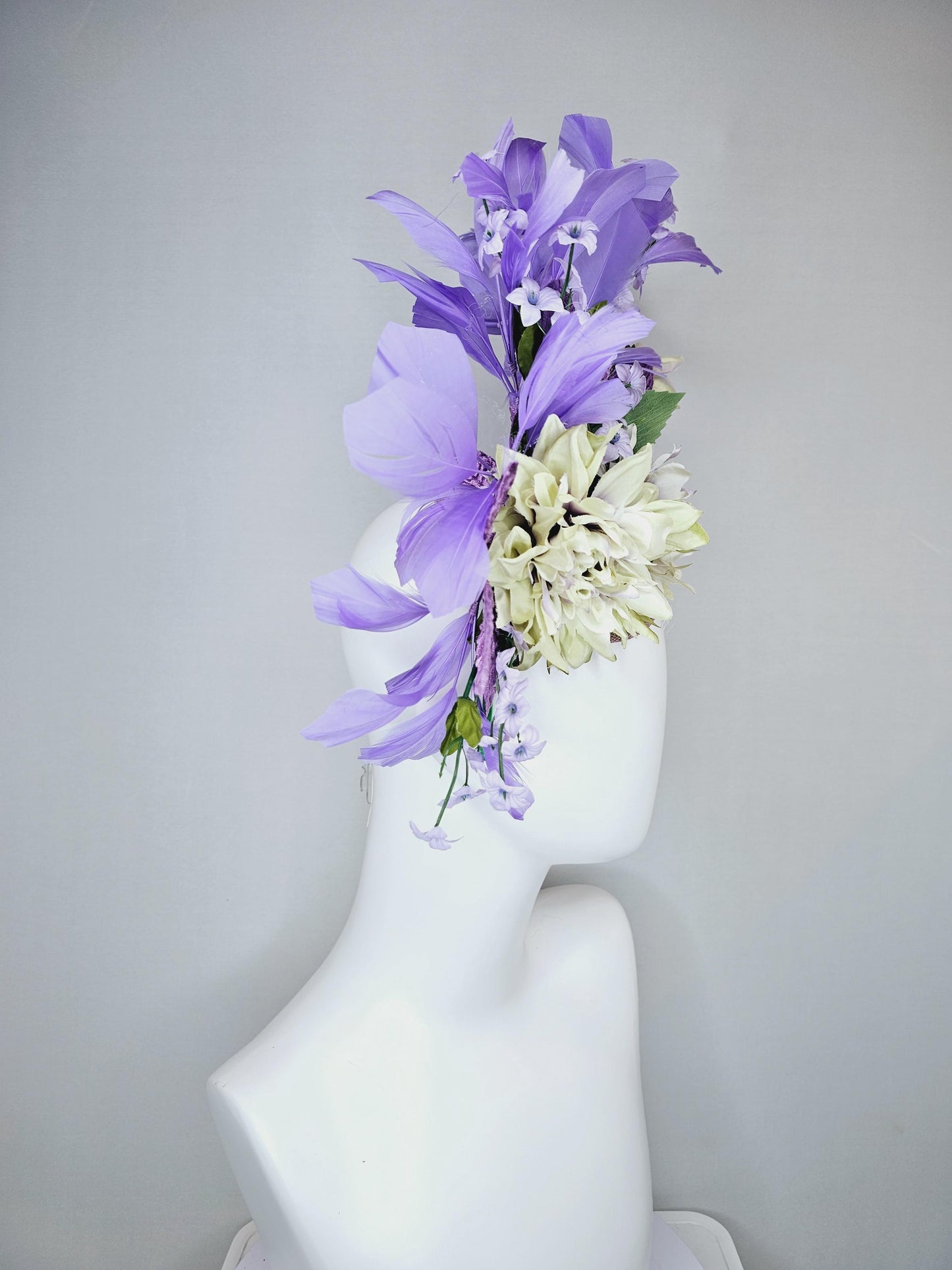 kentucky derby hat fascinator lavender sinamay,lavender neutral cream satin flowers,purple lavender green leaves,purple lavender feathers