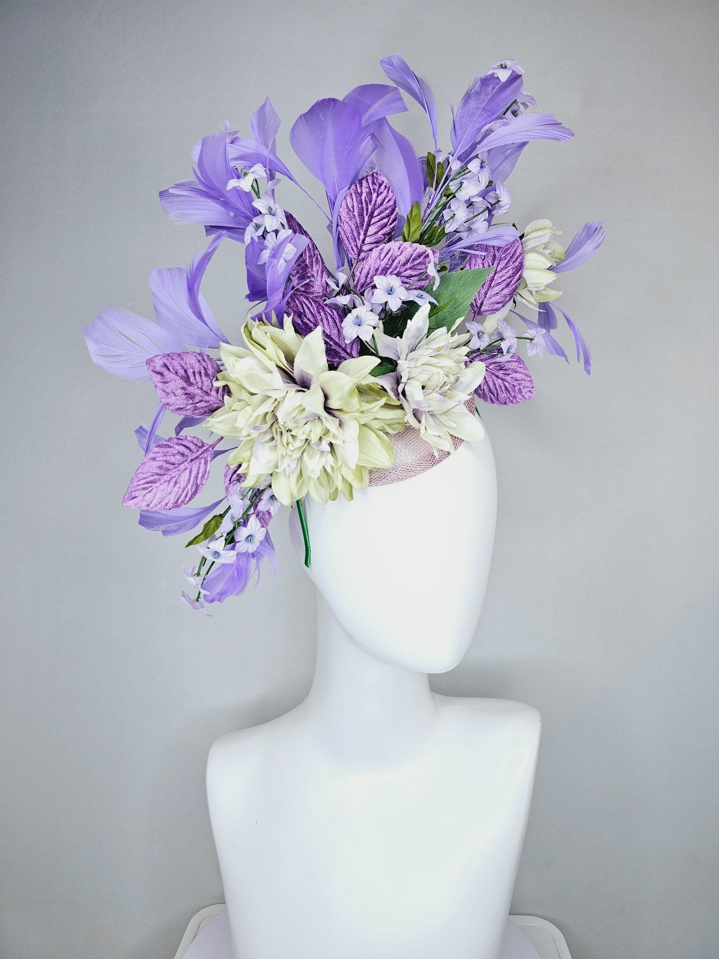 kentucky derby hat fascinator lavender sinamay,lavender neutral cream satin flowers,purple lavender green leaves,purple lavender feathers