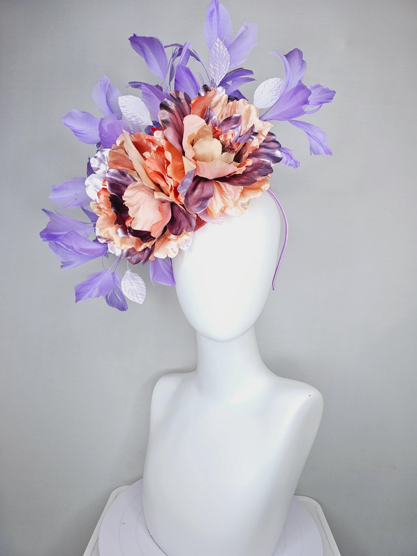 kentucky derby hat fascinator peach sinamay,coral peach orange purple lavender satin flowers,light lavender leaves,purple lavender feathers