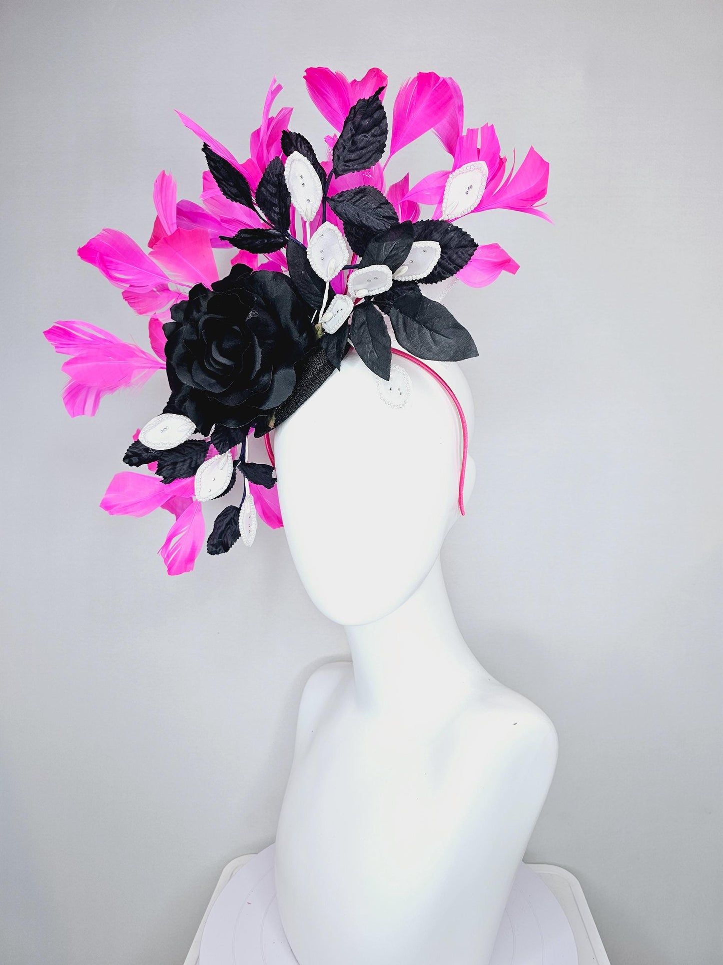 kentucky derby hat fascinator black sinamay,black satin rose flower, white leaves sequin pearl edges and black leaves, pink fuchsia feathers