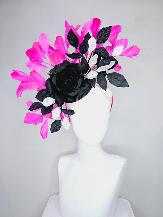 kentucky derby hat fascinator black sinamay,black satin rose flower, white leaves sequin pearl edges and black leaves, pink fuchsia feathers