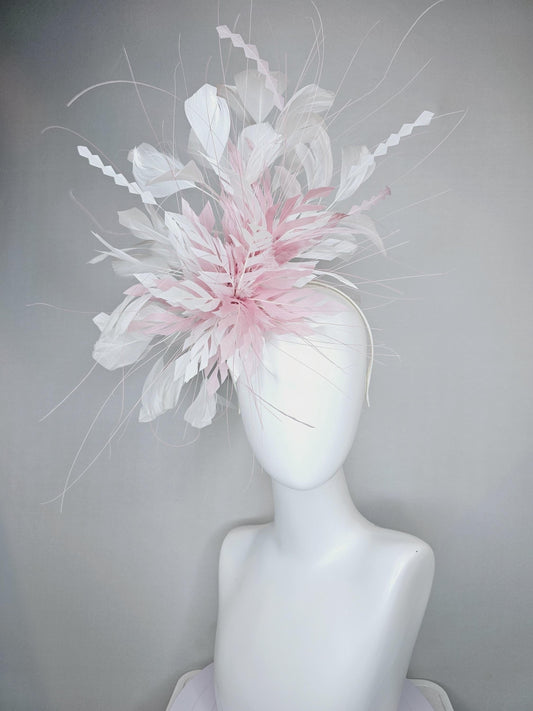 kentucky derby hat fascinator blush baby pink zigzag feather flower with white ivory branching feathers, thin headband