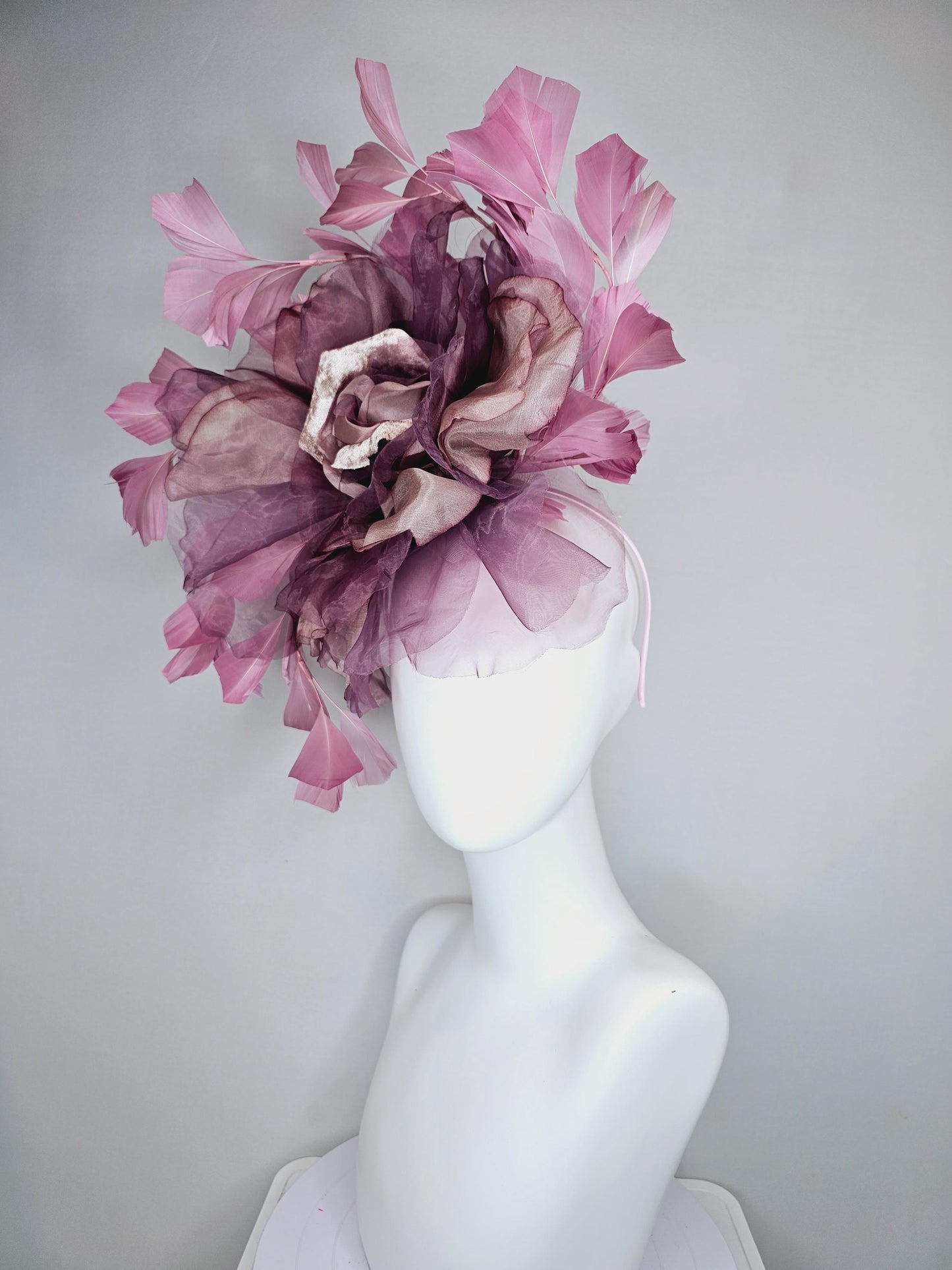 kentucky derby hat fascinator large rose gold dusty pink grape purple organza satin silk flower with pink feathers, thin headband