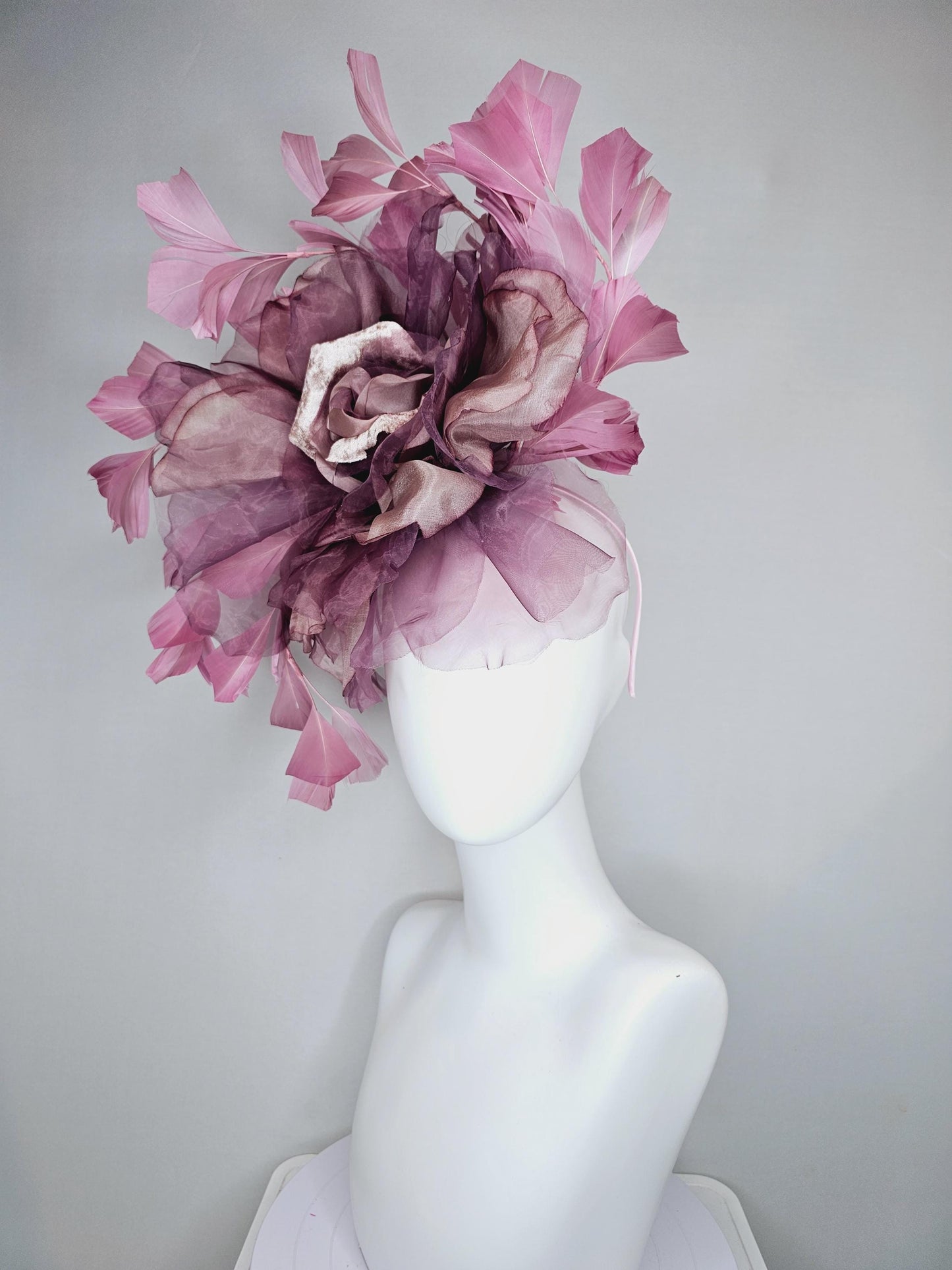 kentucky derby hat fascinator large rose gold dusty pink grape purple organza satin silk flower with pink feathers, thin headband