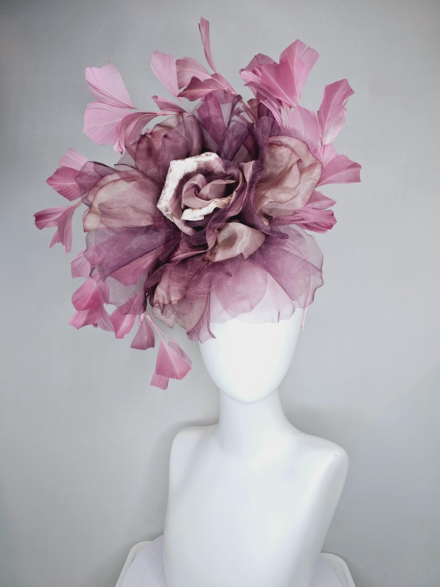 kentucky derby hat fascinator large rose gold dusty pink grape purple organza satin silk flower with pink feathers, thin headband