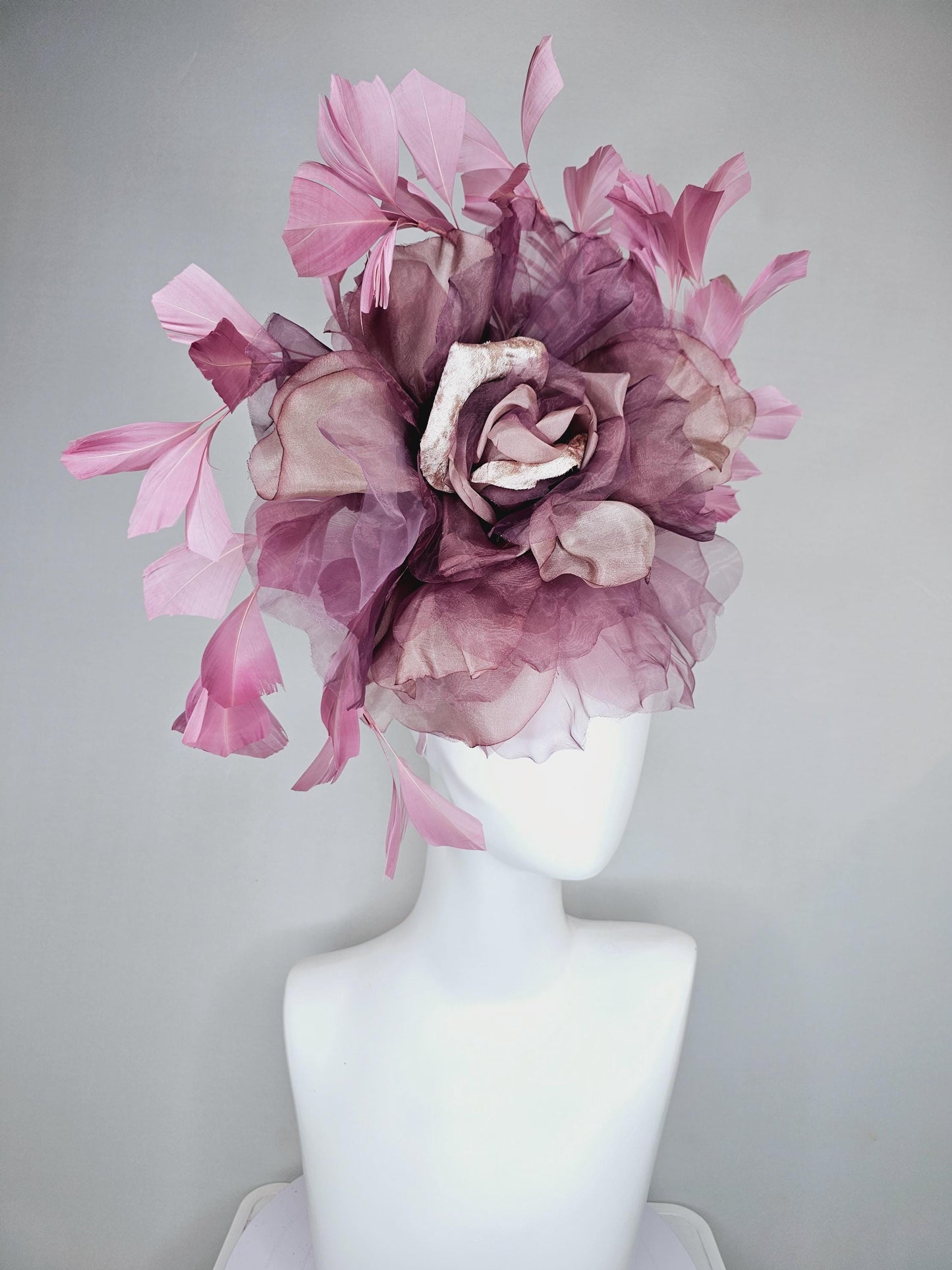 kentucky derby hat fascinator large rose gold dusty pink grape purple organza satin silk flower with pink feathers, thin headband