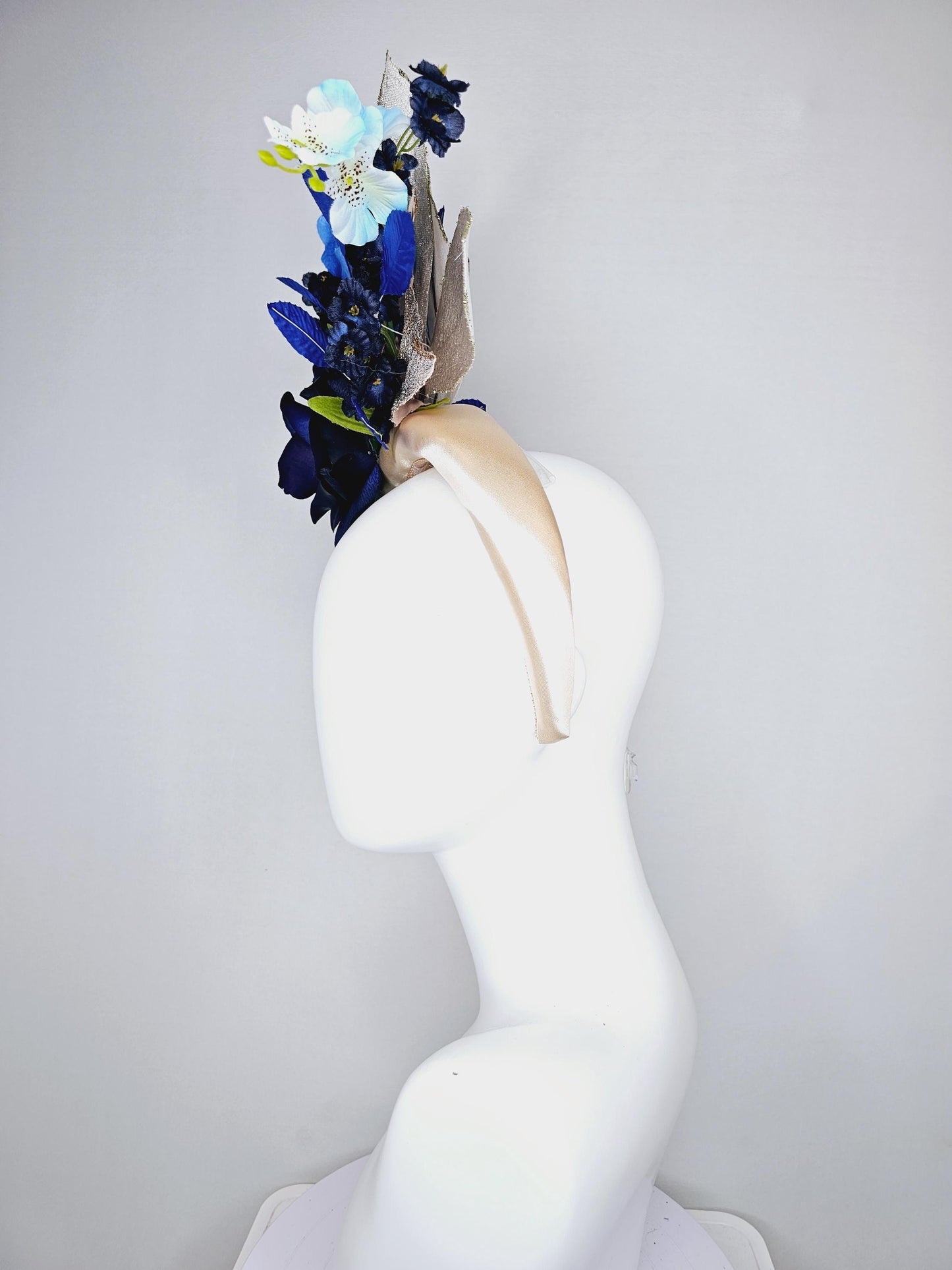 kentucky derby hat fascinator champagne satin headband,navy blue satin rose flower,navy blue sky flowers,royal cobalt blue green gold leaves