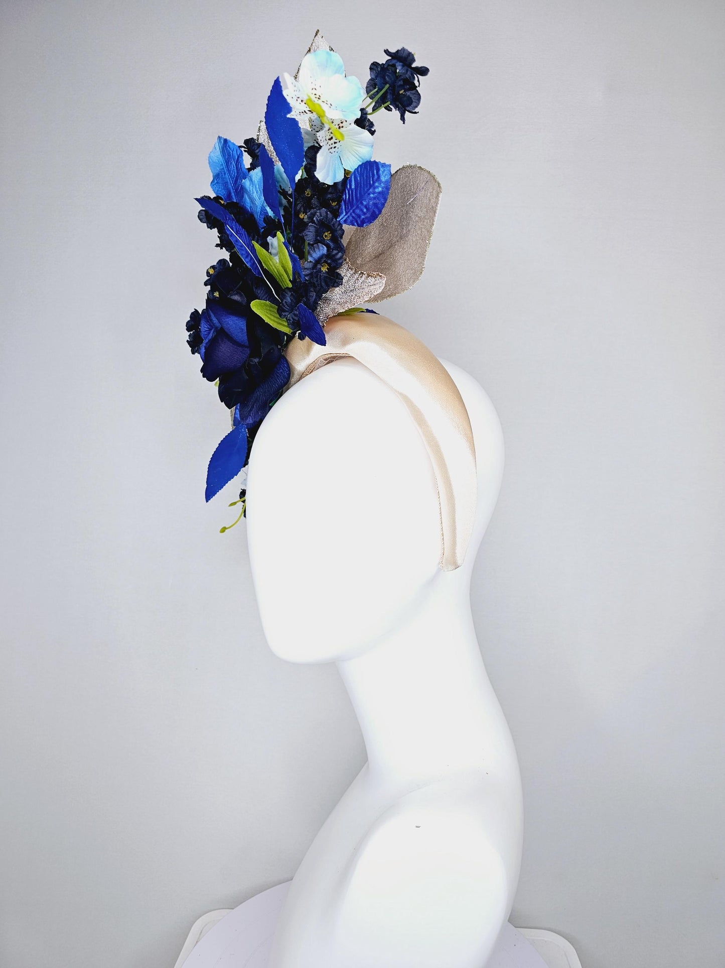 kentucky derby hat fascinator champagne satin headband,navy blue satin rose flower,navy blue sky flowers,royal cobalt blue green gold leaves