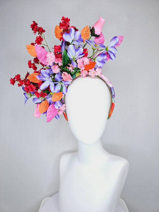 kentucky derby hat fascinator colorful headband,colorful rainbow ombre purple prumerias,baby pink coral red flowers,orange pink green leaves