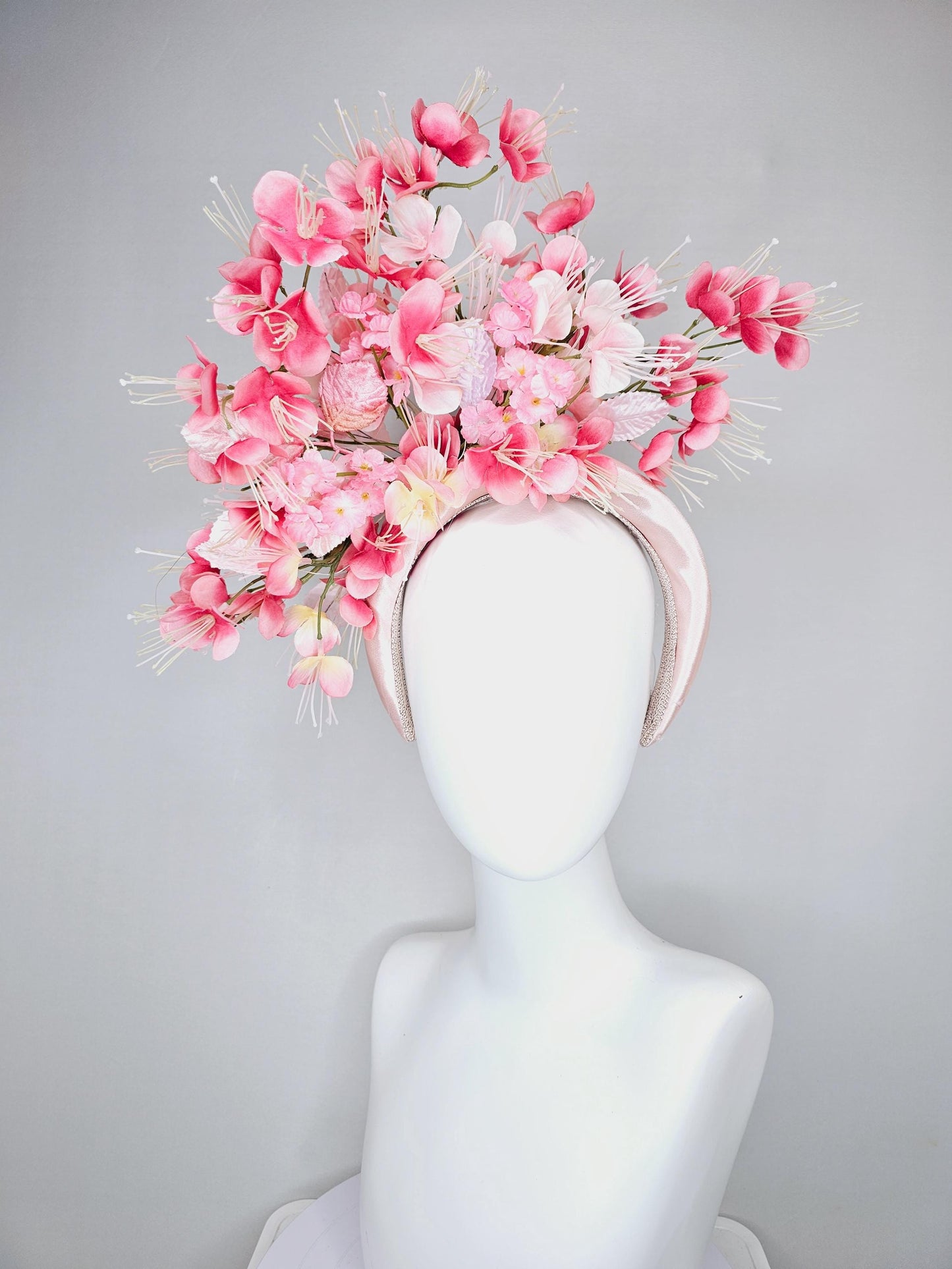 kentucky derby hat fascinator baby pink satin headband, ombre pink light pink crimson red satin cherry blossoms, light baby pink leaves