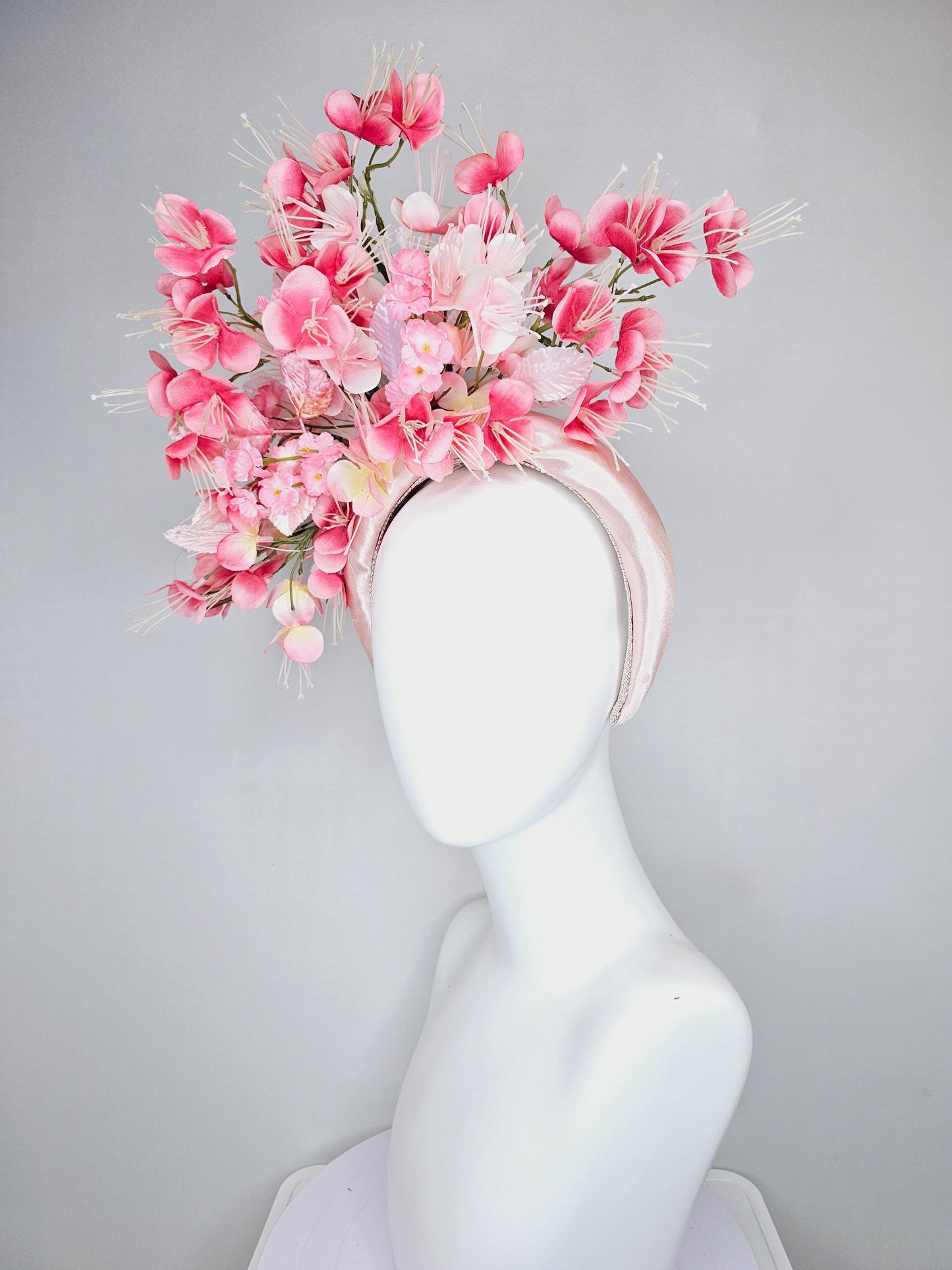 kentucky derby hat fascinator baby pink satin headband, ombre pink light pink crimson red satin cherry blossoms, light baby pink leaves