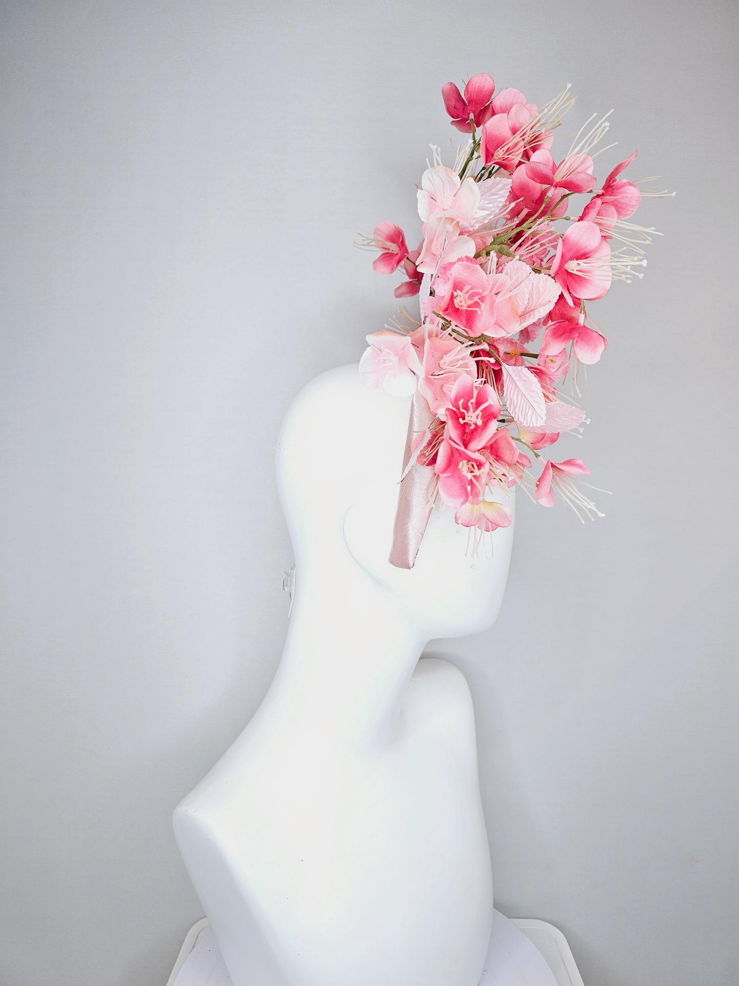 kentucky derby hat fascinator baby pink satin headband, ombre pink light pink crimson red satin cherry blossoms, light baby pink leaves