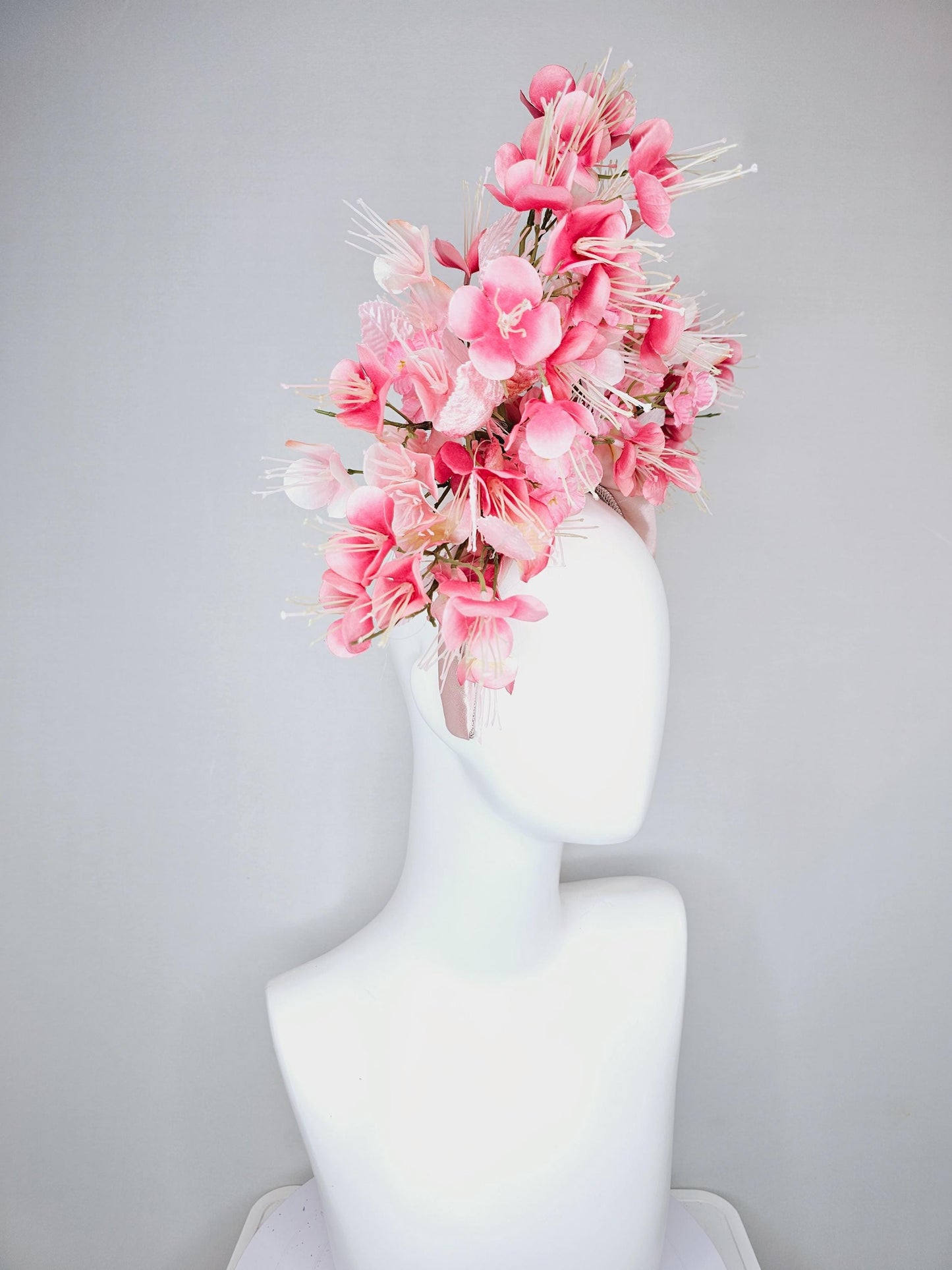 kentucky derby hat fascinator baby pink satin headband, ombre pink light pink crimson red satin cherry blossoms, light baby pink leaves