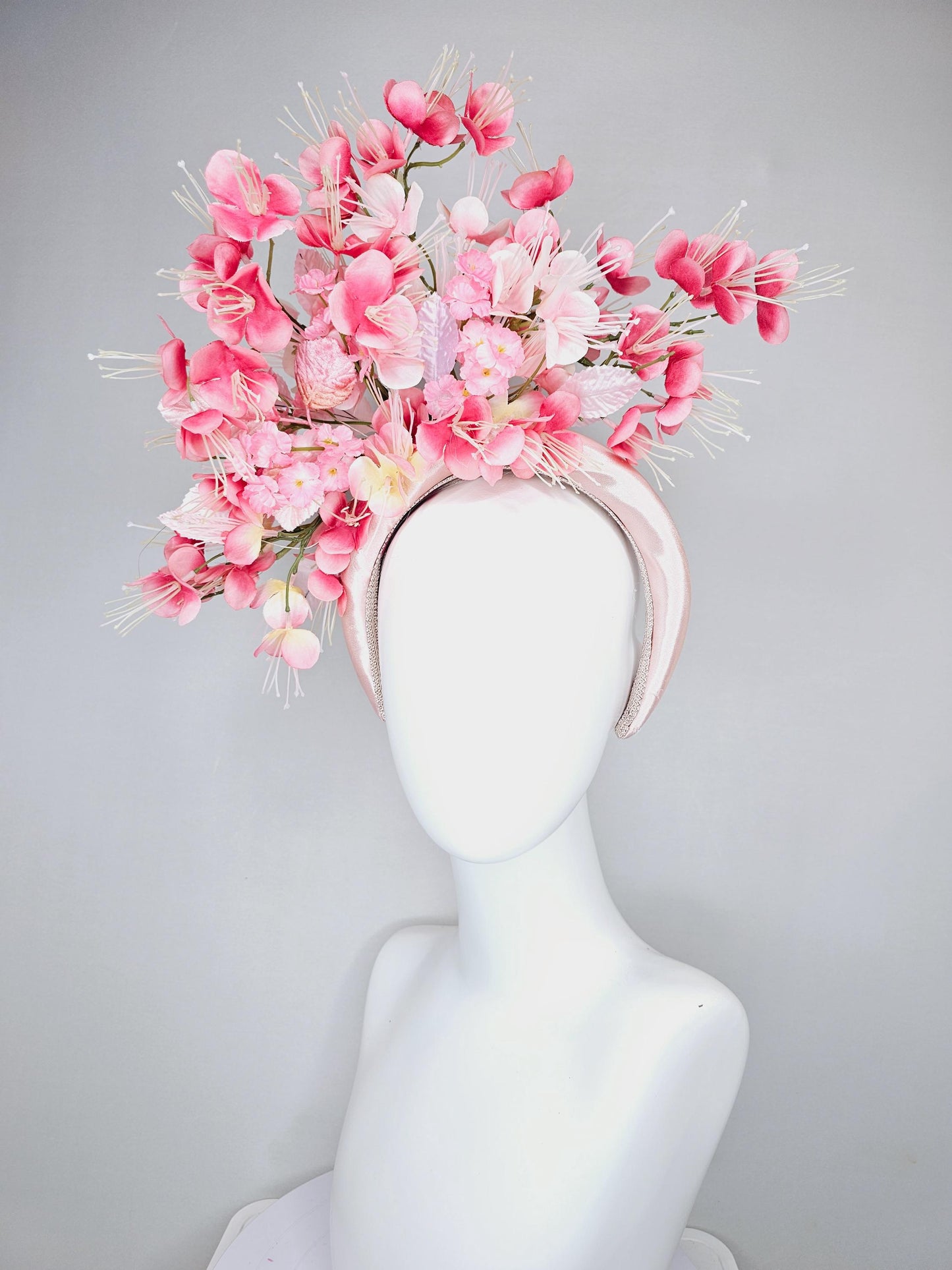 kentucky derby hat fascinator baby pink satin headband, ombre pink light pink crimson red satin cherry blossoms, light baby pink leaves