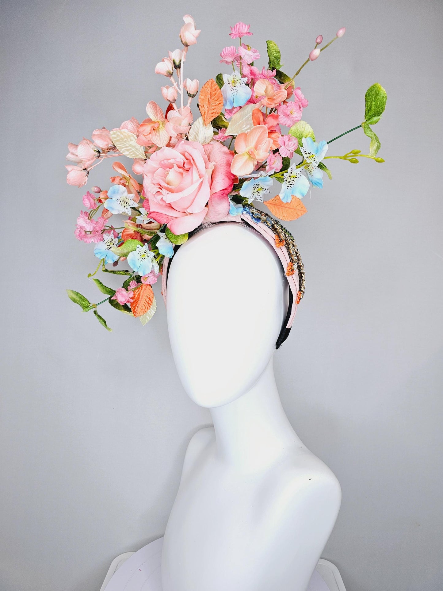 kentucky derby hat fascinator colorful crystal rhinestone beaded headband, ombre pink rose, pink peach sky blue flowers,orange green leaves