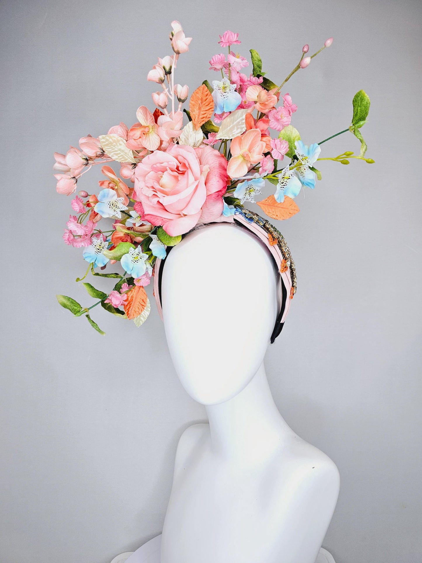 kentucky derby hat fascinator colorful crystal rhinestone beaded headband, ombre pink rose, pink peach sky blue flowers,orange green leaves