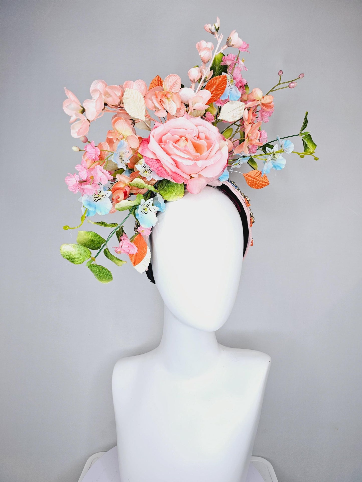 kentucky derby hat fascinator colorful crystal rhinestone beaded headband, ombre pink rose, pink peach sky blue flowers,orange green leaves