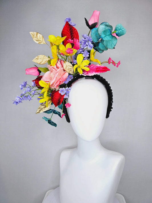 kentucky derby hat fascinator black rhinestone headband,colorful ombre pink rose,yellow pink purple flowers,red gold green teal blue leaves