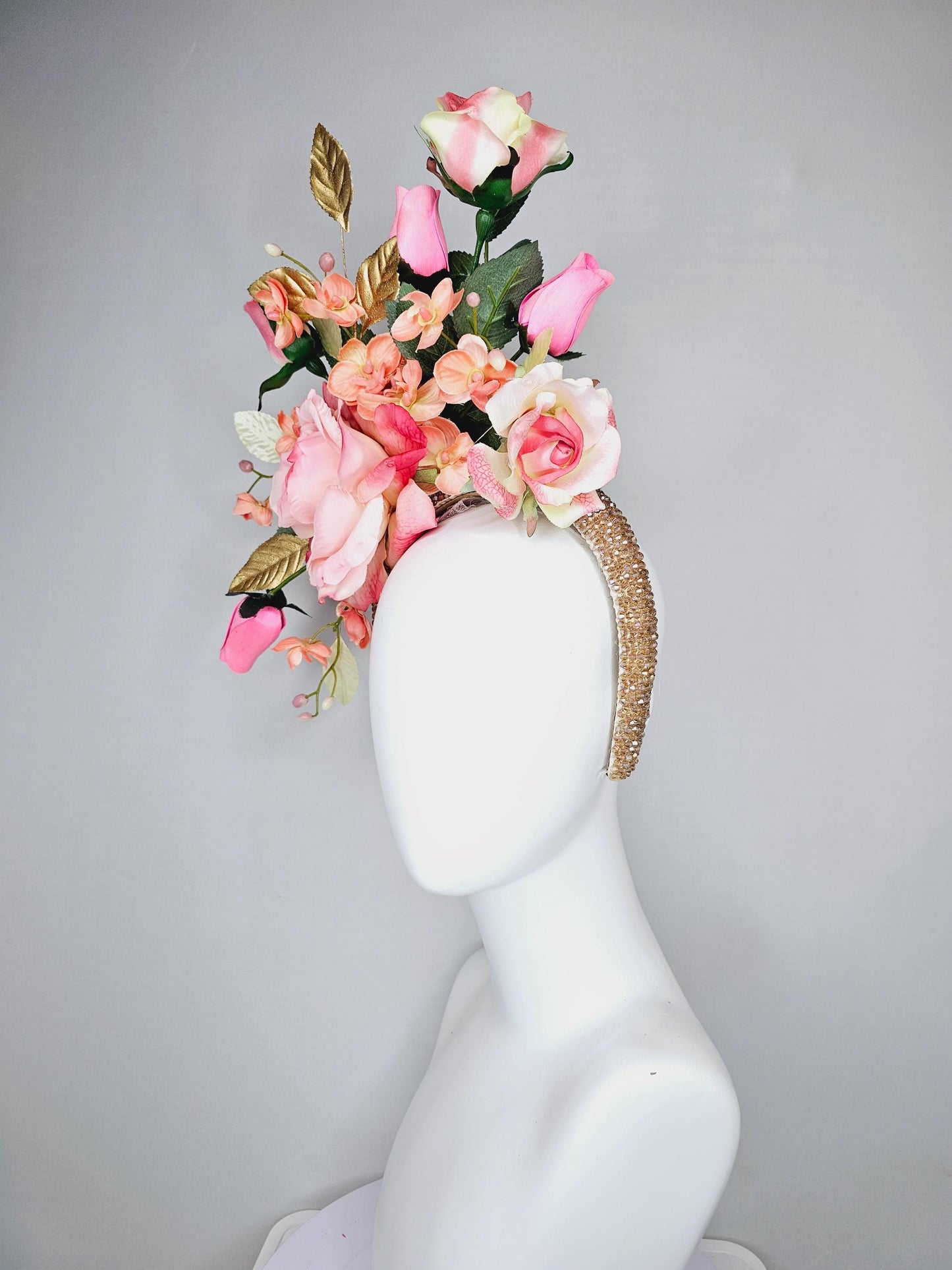 kentucky derby hat fascinator crystal iridescent gold beaded headband,ombre pink rose flowers,light orange peach flowers,gold green leaves