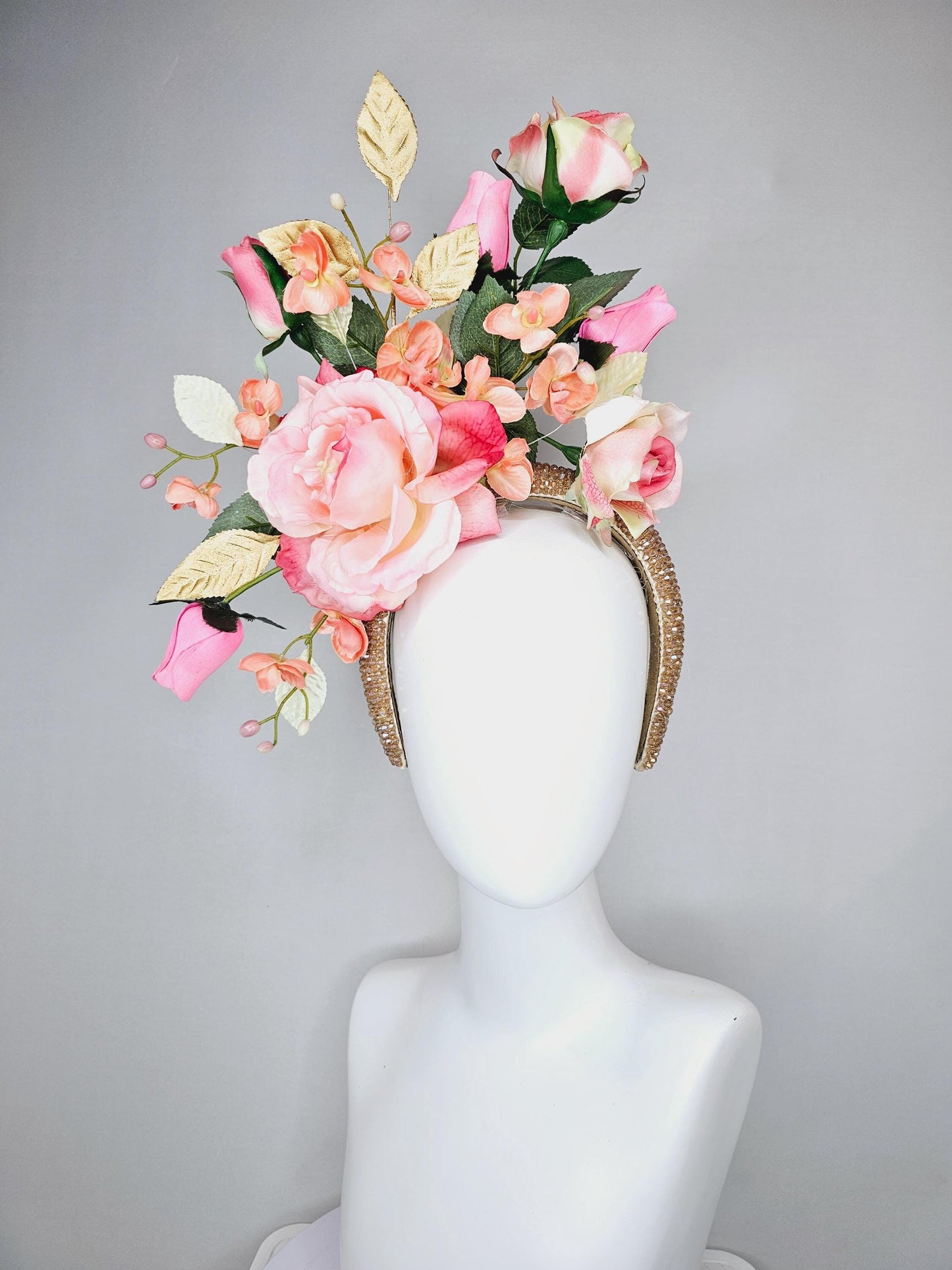 kentucky derby hat fascinator crystal iridescent gold beaded headband,ombre pink rose flowers,light orange peach flowers,gold green leaves