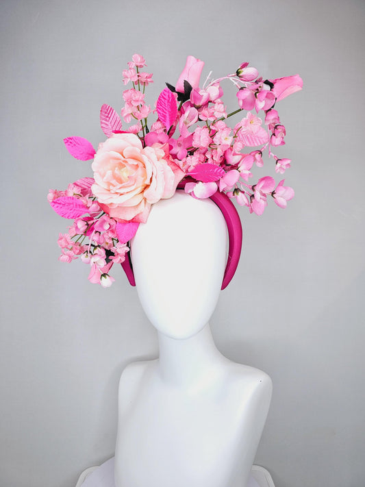 kentucky derby hat fascinator hot pink headband, baby pink satin silk rose flower,blush pink satin silk flowers, blush pink leaves