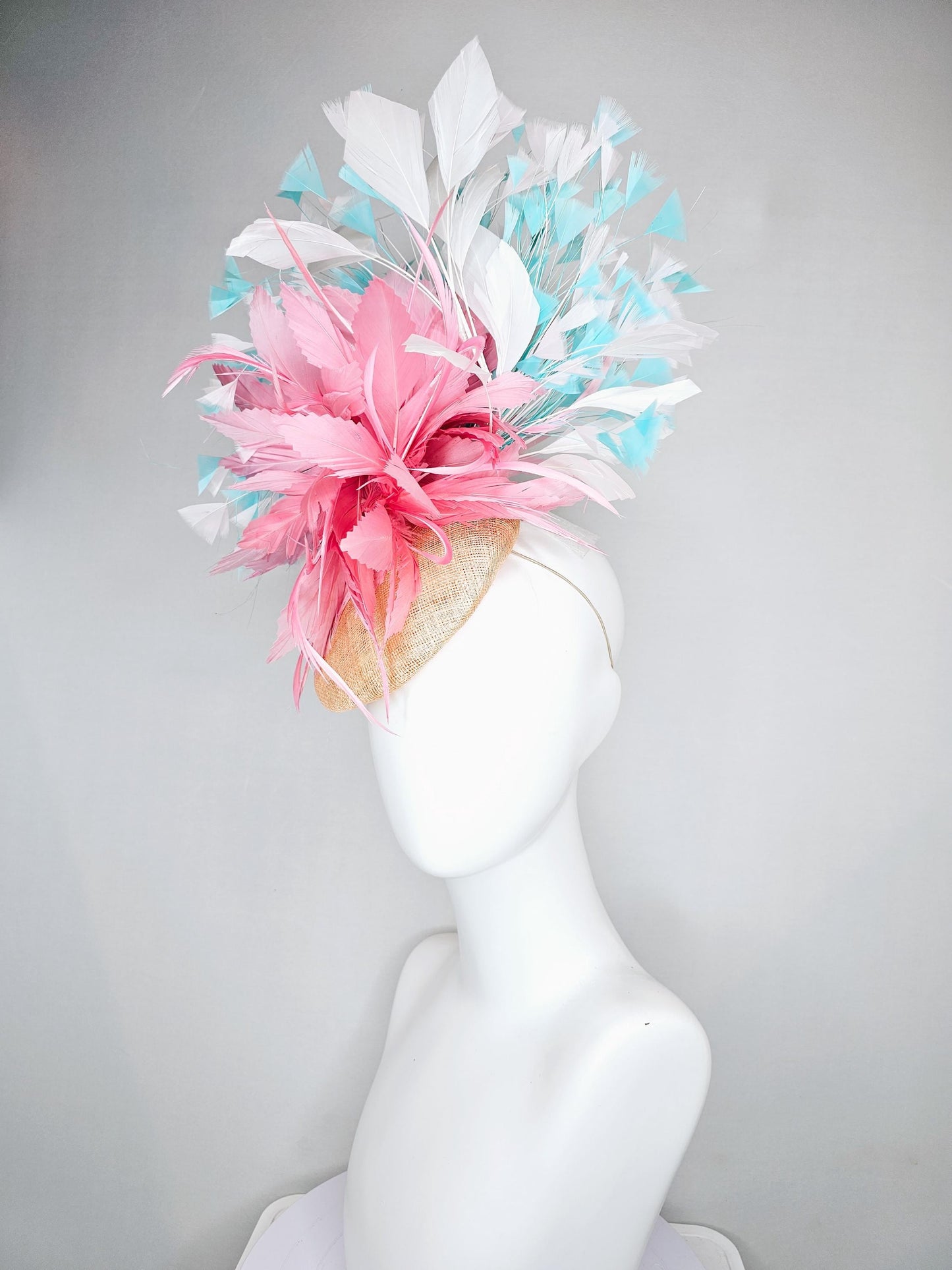 kentucky derby hat fascinator neutral champagne sinamay, large fluffy baby pink feather flower, turquoise blue white branching feathers