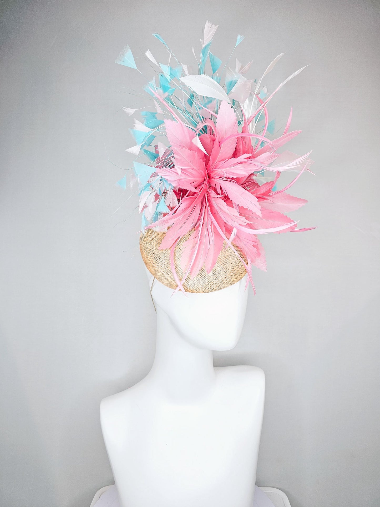 kentucky derby hat fascinator neutral champagne sinamay, large fluffy baby pink feather flower, turquoise blue white branching feathers